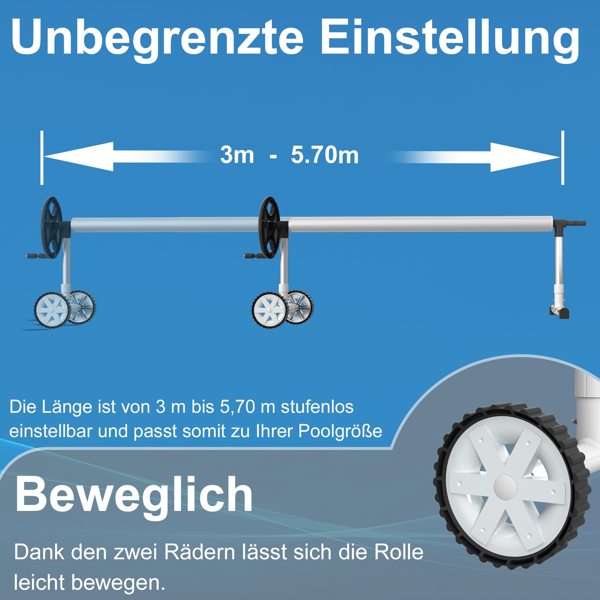 UISEBRT Pool Aufroller Mobiles Poolfolienaufroller 3m - 5,70m für Poolplane, Aufrollvorrichtung mit Befestigungsbändern & Rädern