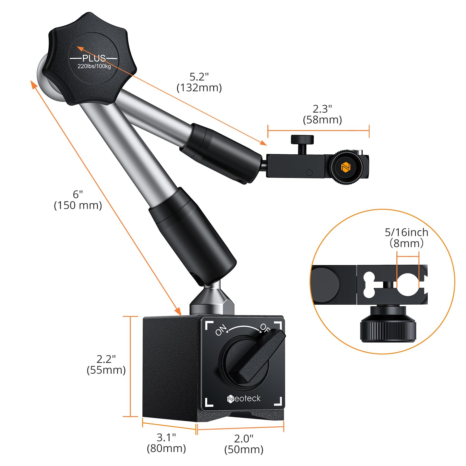 Neoteck Base Magnética para Reloj Comparador Soporte de Base Magnético Flexible para Indicador de Dial Digital 100kg Max Base magnética Ajustable con Interruptor de ON/OFF con Sujeción Central