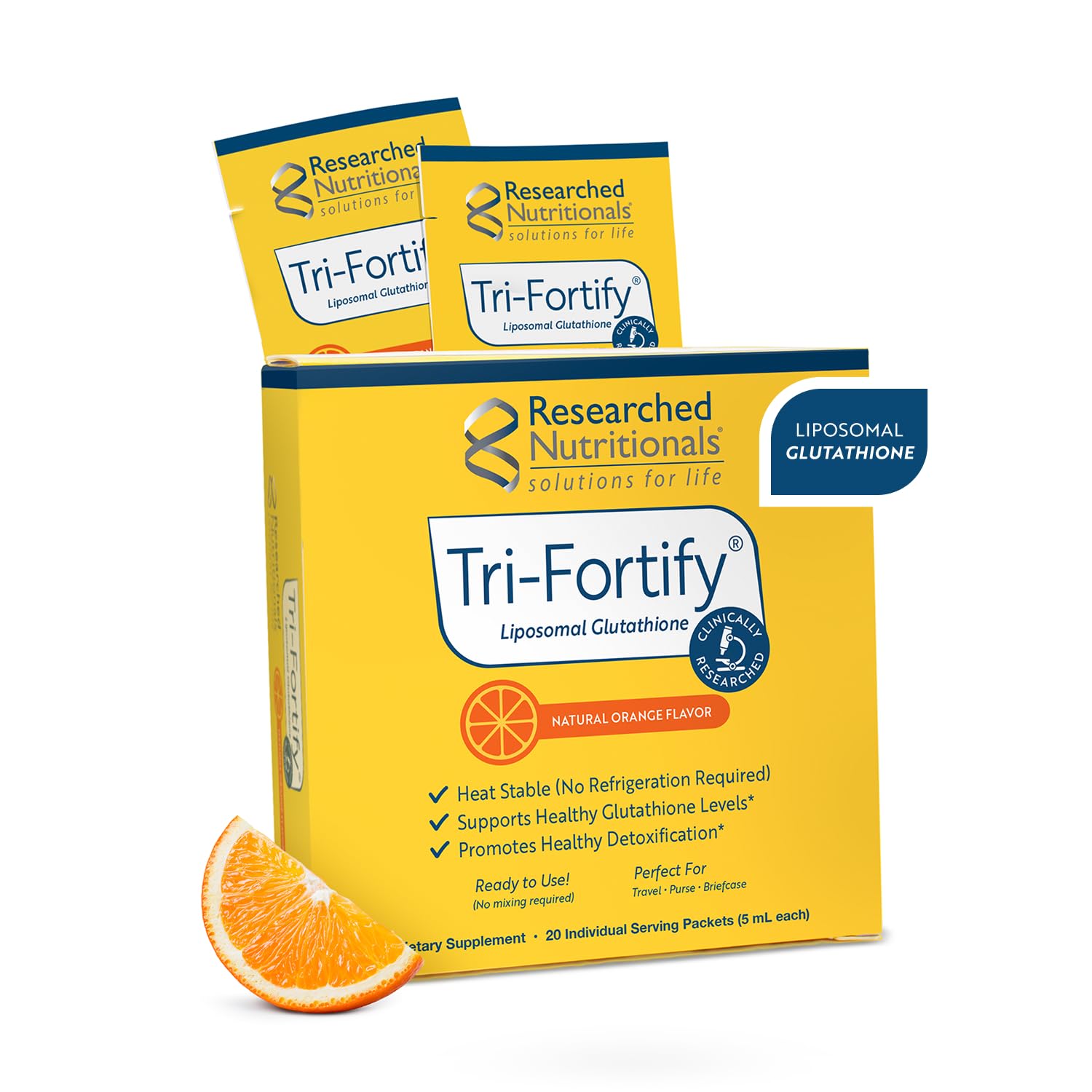 Researched Nutritionals Liposomal Glutathione (450mg) Liquid Gel + Vitamin C - Tri-Fortify - Aid Natural Energy, Immune Support & Detox - Clinically Researched for Absorption, Orange (20 Packets)
