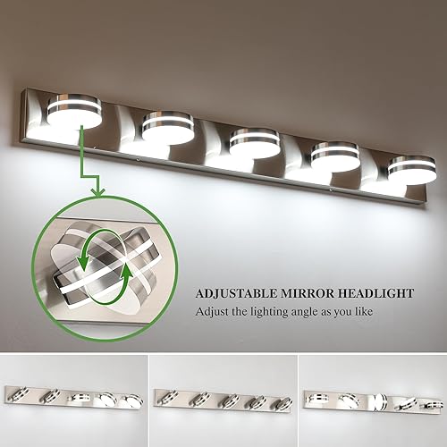 Miniatura 3 de Lámparas de baño de níquel cepillado sobre el espejo, luz de tocador de baño de 5 luces, luces LED de baño regulables, moderna lámpara de montaje en