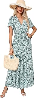 FEIXIANG Summer Dresses for Women, Womens Clothing Bohemian Vacation Beach Dress, Ladies Floral Short Sleeve Wrap V Neck ...