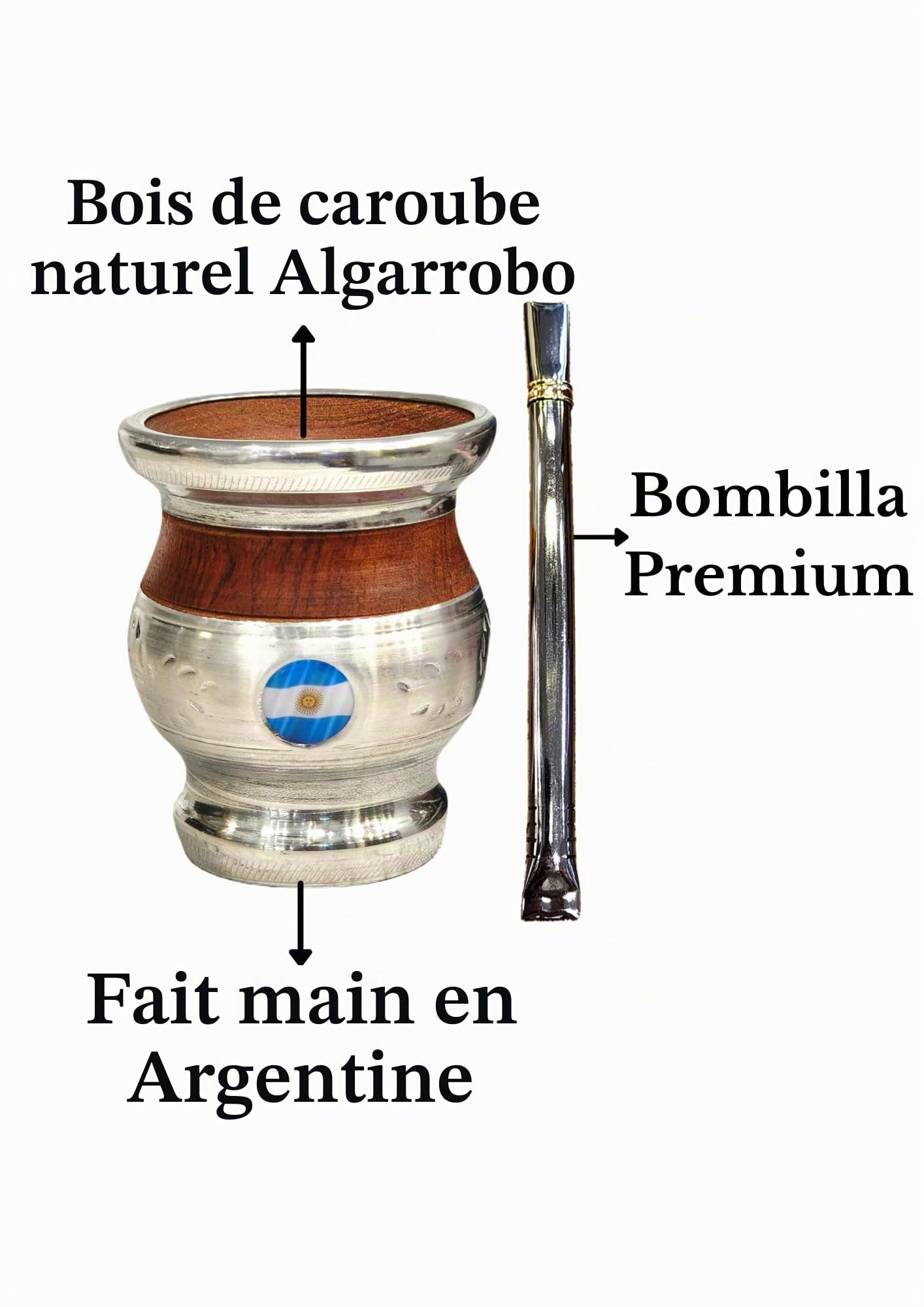 Mat argentin classique, fabriqué à la main en bois de caroube naturel avec revêtement en acier inoxydable, mat avec ampoule, Gourd Mate Cup