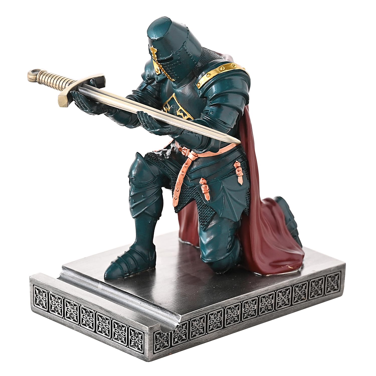 NCQIXIAO Medieval Templar Vanguard Officer Knight Pen Holder Pen Stand Desk Organizers and Accessories Resin Mobile Phone Stand as Gift for Office and Home Desk Organizer (Green)