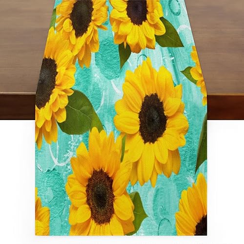 Table Runner Summer Sunflower Oil Painting, Autumn Rustic Linen Table Cloth Kitchen Dining Table Decor for Home Party 13 x 72 Inches