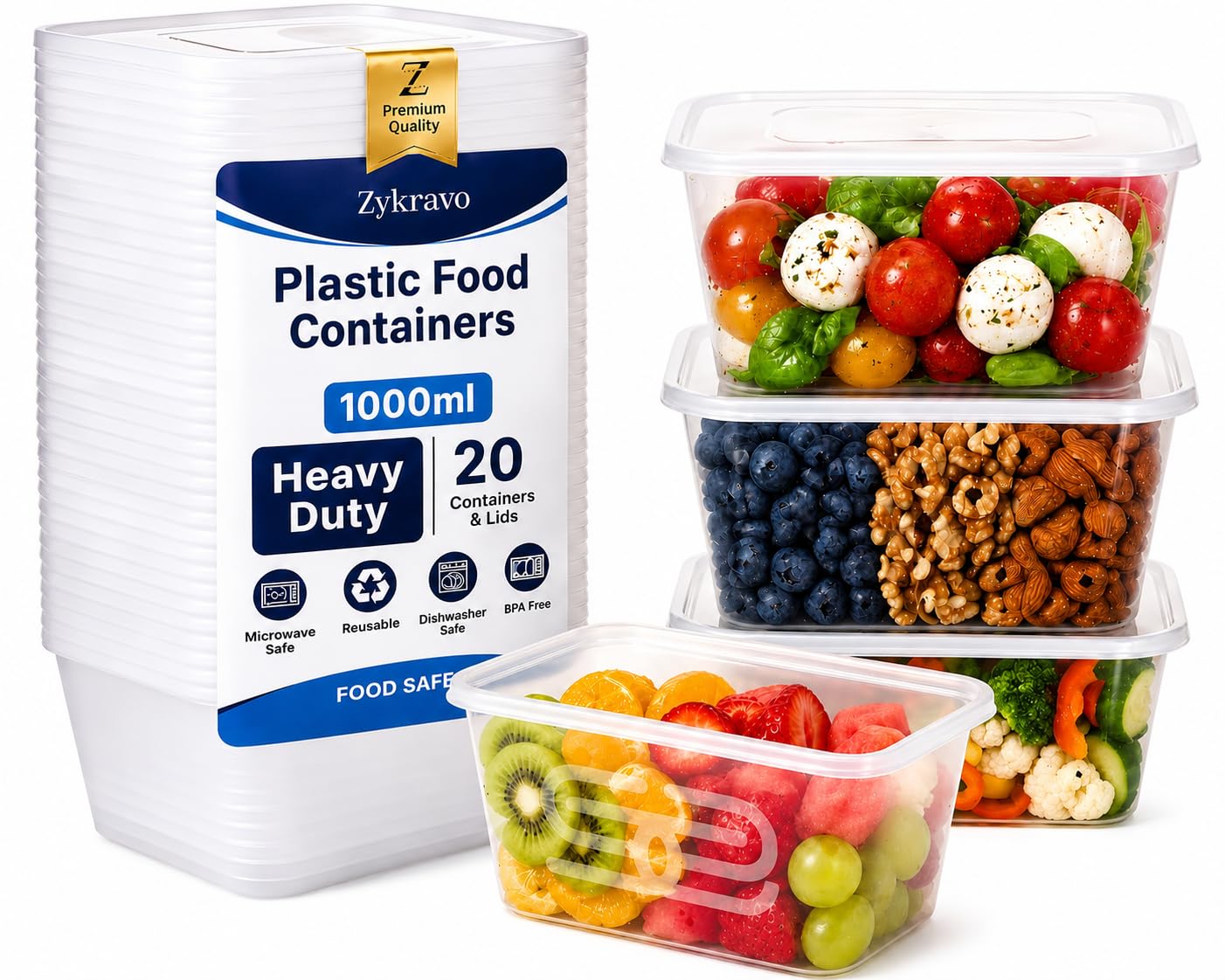 ZyKravo Food Storage Containers with Lids, Pack of 20 – 1000ml Airtight & Leak Proof, Stackable, BPA Free – Microwave, Freezer & Dishwasher Safe Meal Prep Takeaway Containers