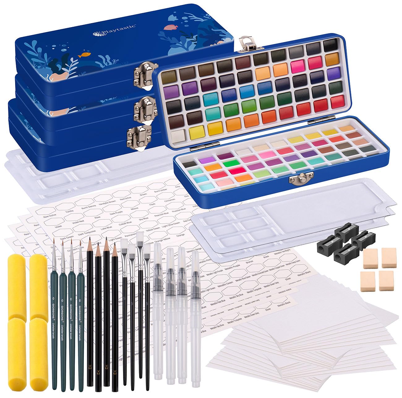 Künstler-Aquarellfarben: 4 Aquarellfarben-Sets mit je 100 Farben, Metallbox, 3 Pinsel, Papier (Farbenkästen, Malfarbe)