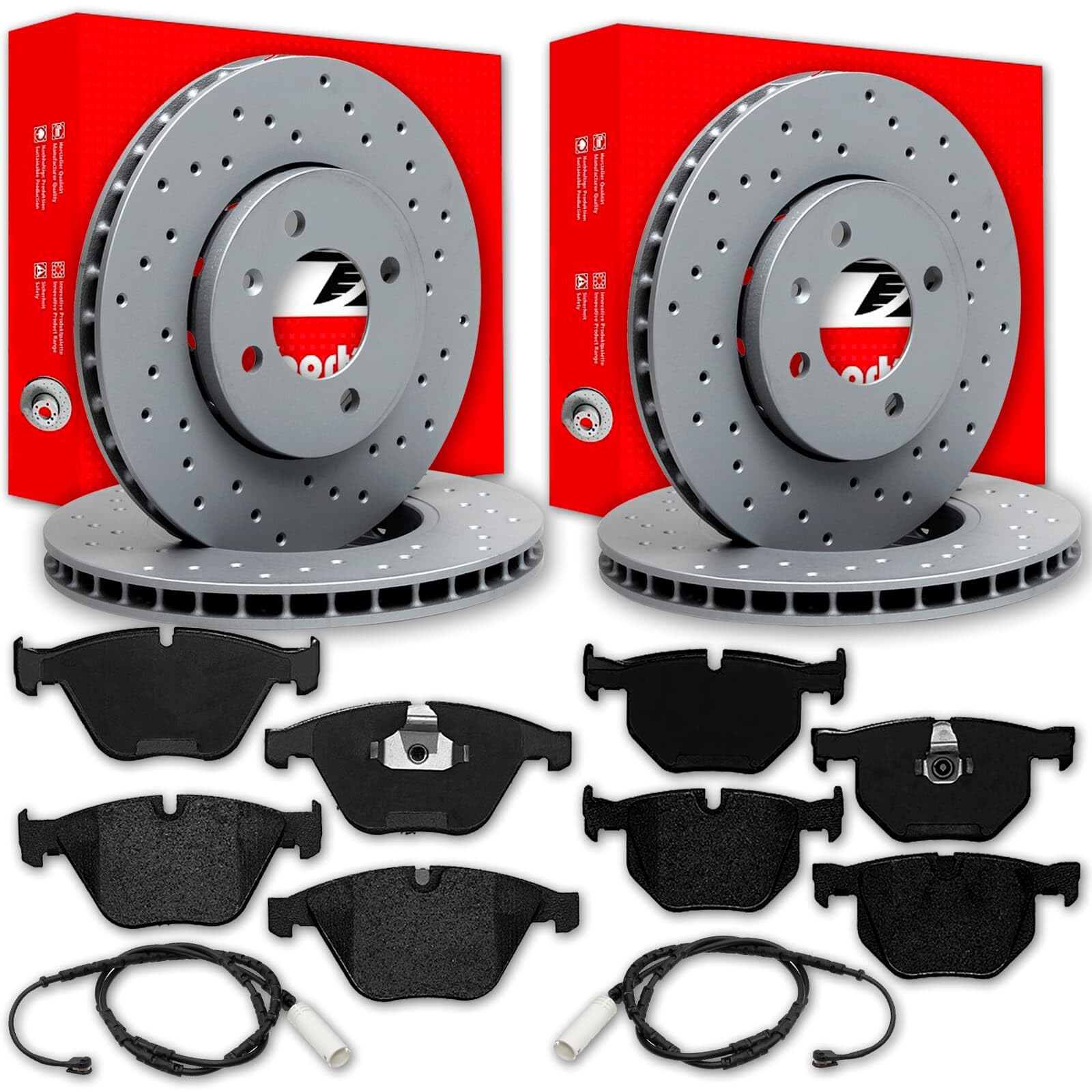 Zimmermann Sport Bremsscheiben + Beläge vorne + hinten | 150.3403.52+23312.200.1+150.3405.52+23732.170.1 Kompatibel mit 5 (E60)