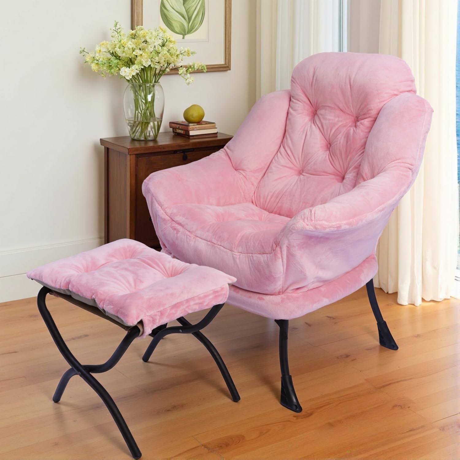 Kokel Lazy Chair with Folding Ottoman,Living Room Chairs (Pink-1119)
