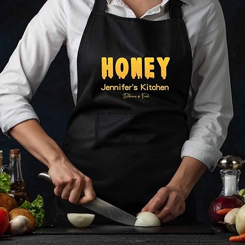 Miniatura 2 de Magimagine Delantal personalizado para mujeres y hombres  Delantal familiar personalizado con texto de dos bolsillos personalizado miel delantal de