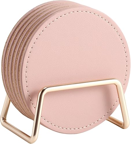 Miniatura 9 de CASEGRACE Juego de 6 posavasos con soporte de metal, posavasos absorbentes de piel sintética con base de corcho, juego de posavasos decorativos para