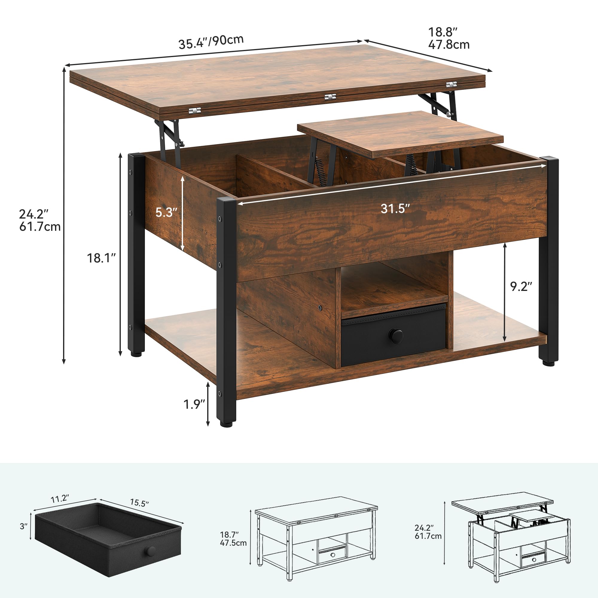 YITAHOME Mesa de Centro con Altura Ajustable, Mesa Auxiliar Multifuncional 4 en 1 con Espacio de Almacenamiento Mesa de Centro Convertible en Mesa de Comedor para Sala de Estar, Marrón Vintage