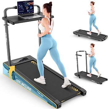 FUNMILY Upgrade Walking Pad Folding Treadmill with 12%/15% Incline & Handle Bar, 3.5HP Foldable Under Desk Compact Treadmills for Home/Office/Gym, 400+lb Capacity, Shock Absorption