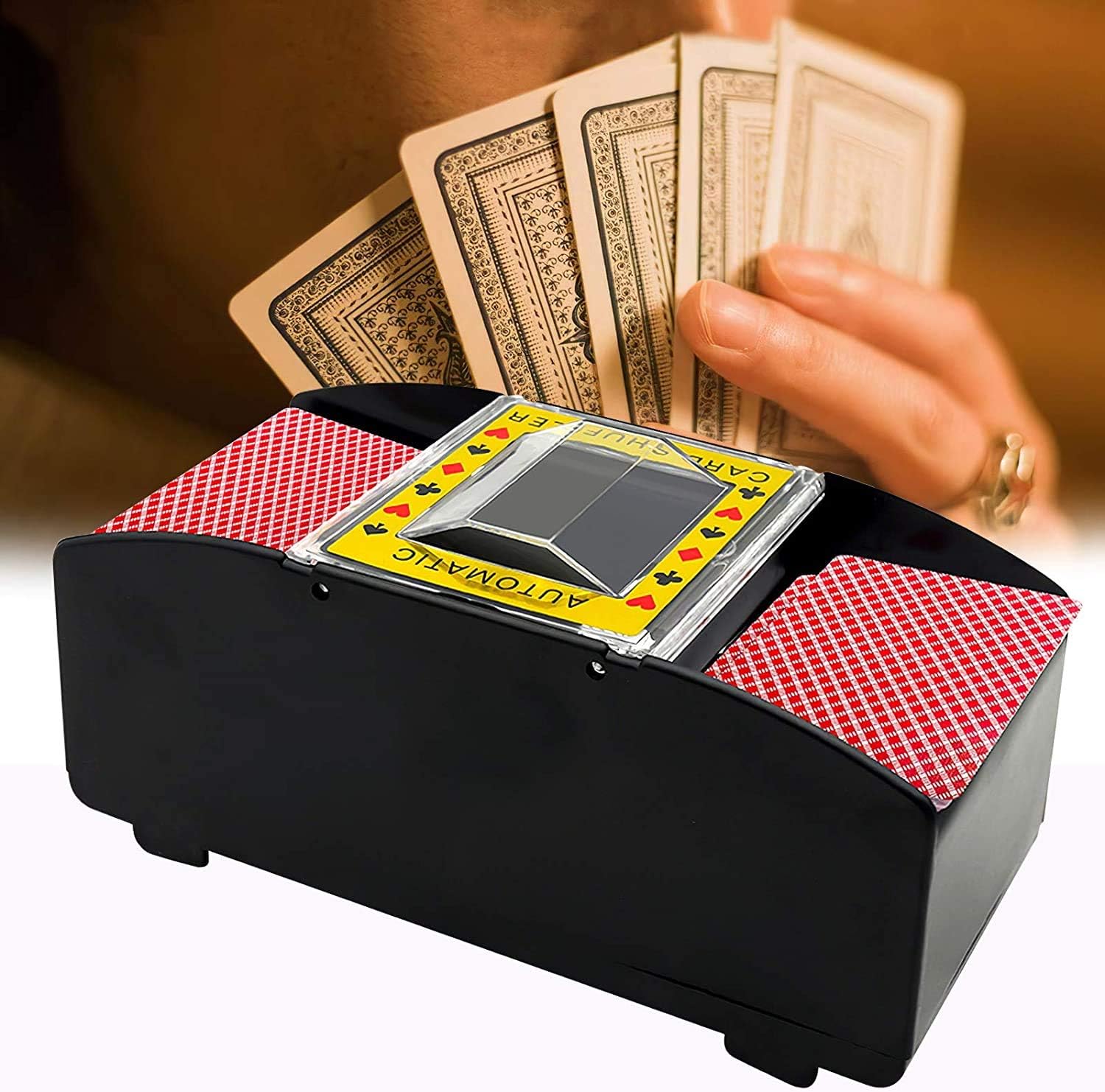 Automatic Card Shuffler Electronic Poker Shuffler Battery Operated Card Game Tool 2 Deck Card Shuffler for Poker Blackjack (Black)