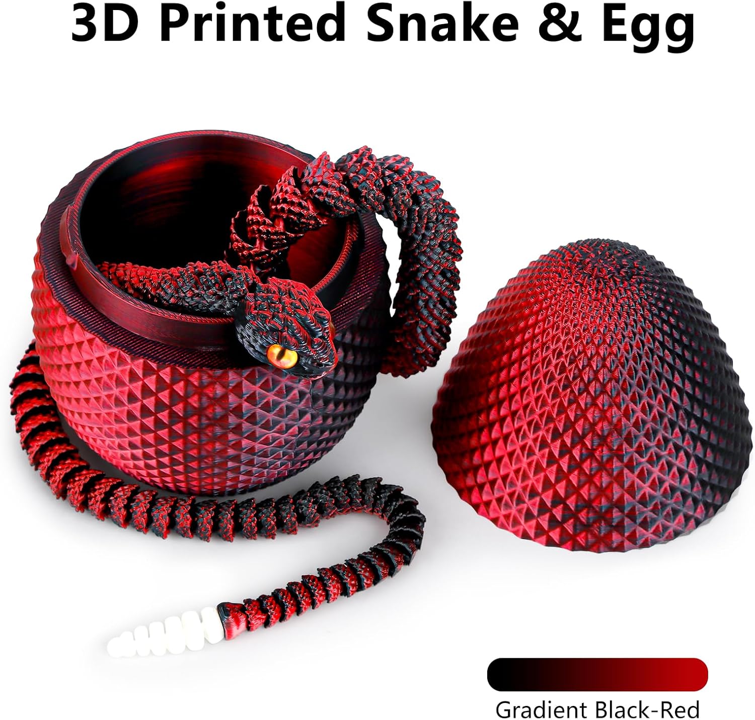 3D Printed Snake Eggs with Snake Inside,3D Printed Snake,3D Printed Animals,23.22 Inch Crystal Snake Fidget Toys,Articulated 3D Snake with 3D Snake Eggs Black Red