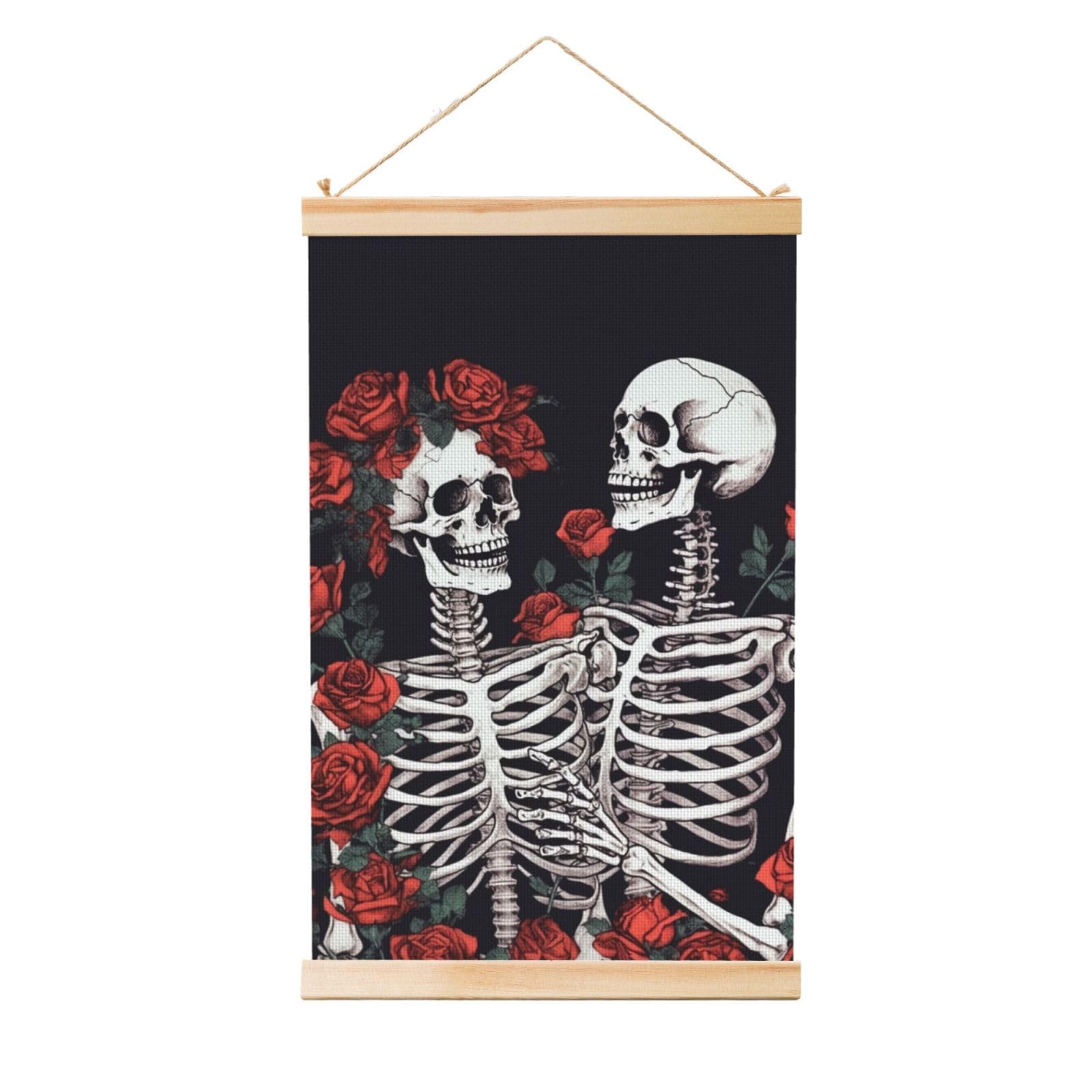 Rose and skeleton Poster Wooden Shaft Hanging Poster Wall Hanging Banner Canvas Artwork with Wood Frames 36"x24" Modern Artwork Decor Ready to Hang Wall Art for Home Decor Scroll Painting