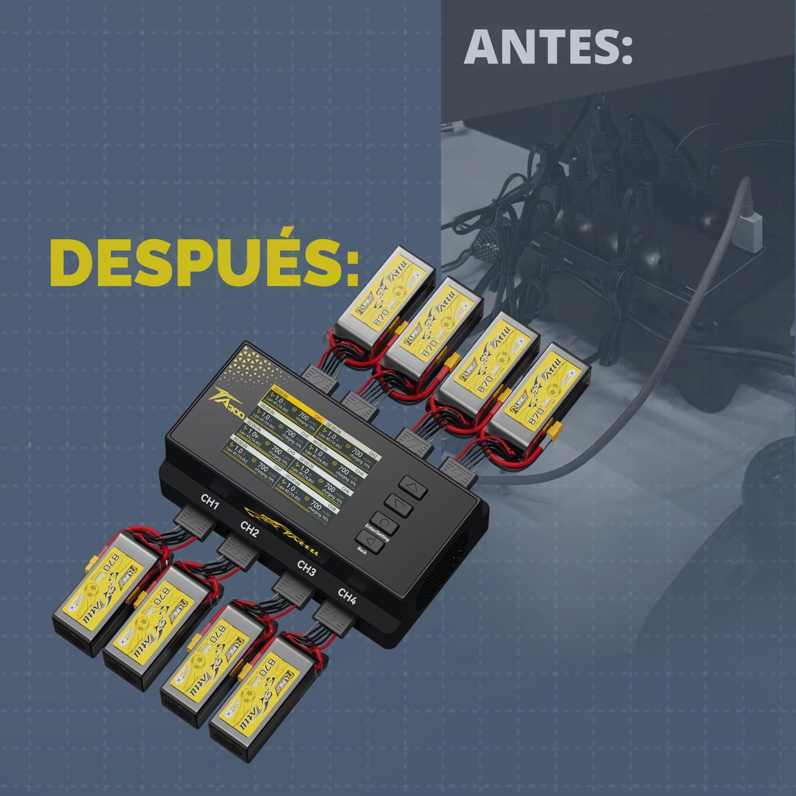 TATTU TA300 Cargador LiPo 8 Canales AC/Type-C 60W, Cargador Inteligente para Drone Soccer (Baterías 2S 3S 4S LiHV), Salida Independiente 8x30W, MAX 2A con Modo Almacenamiento