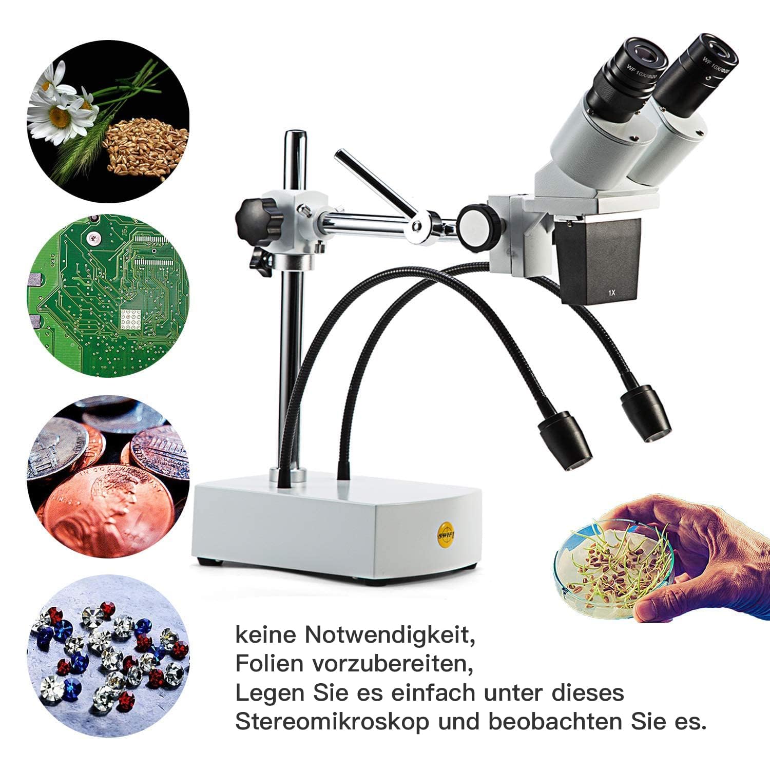 SWIFT Microscopio stereo binoculare 10X/20X ingrandimento grandangolo oculari 2 luci LED flessibili braccio orientabile compatibile con fotocamera S41-20
