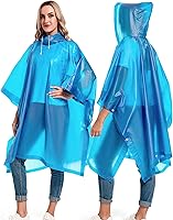 Vista 6 de Paquete de 2 ponchos de lluvia para adultos, reutilizables, impermeables, de supervivencia, emergencia, resistente, con capucha con cordón Azul