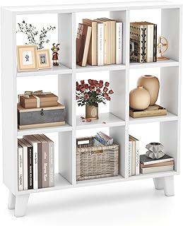 Tangkula 9-Cube Bookcase, Freestanding 3-Tier Bookshelf with 6 Removable Shelves, Open Back DIY Storage Organizer with Raised Support Feet for Living Room Study Office (1, White)