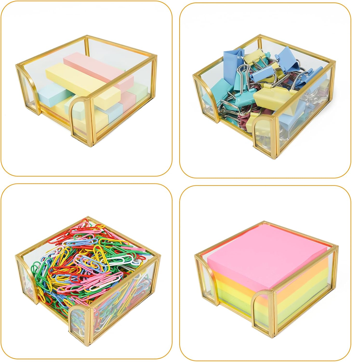 Glass Sticky Note Holder, Gold Post It Note Dispenser for Desk,3 x 3 Inch Post It Note Holder,Stylish Sticky Note Dispenser for Home Office Desk