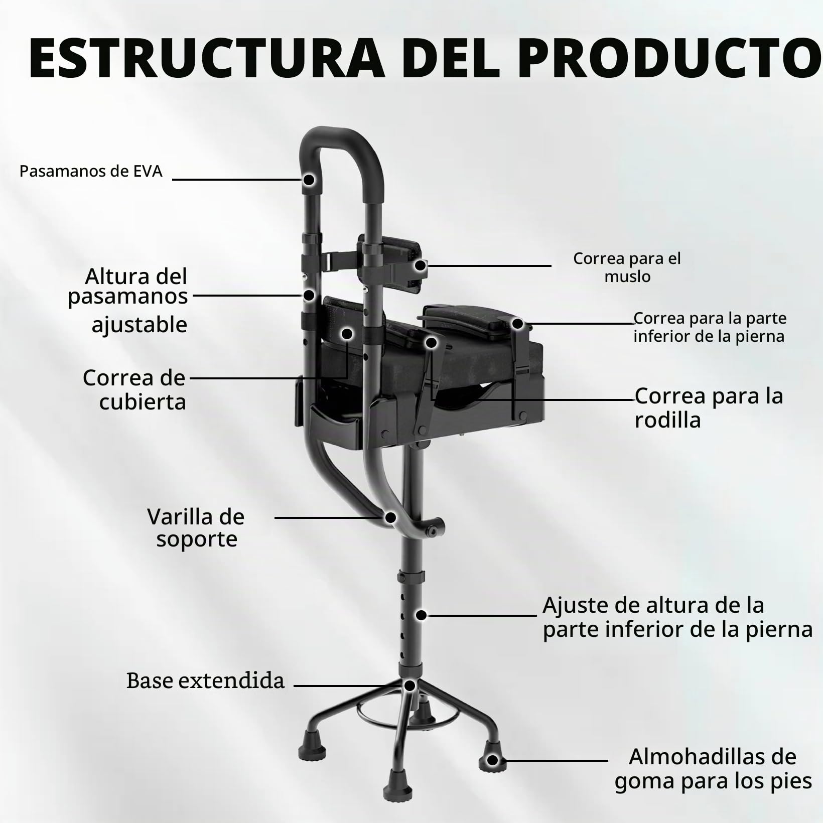 Carro telescópico de una sola pata, muleta para rodillas manos libres con acolchado de espuma elevado, ajuste de altura de 5 niveles, andador antideslizante para fracturas de tobillo, esguinces y