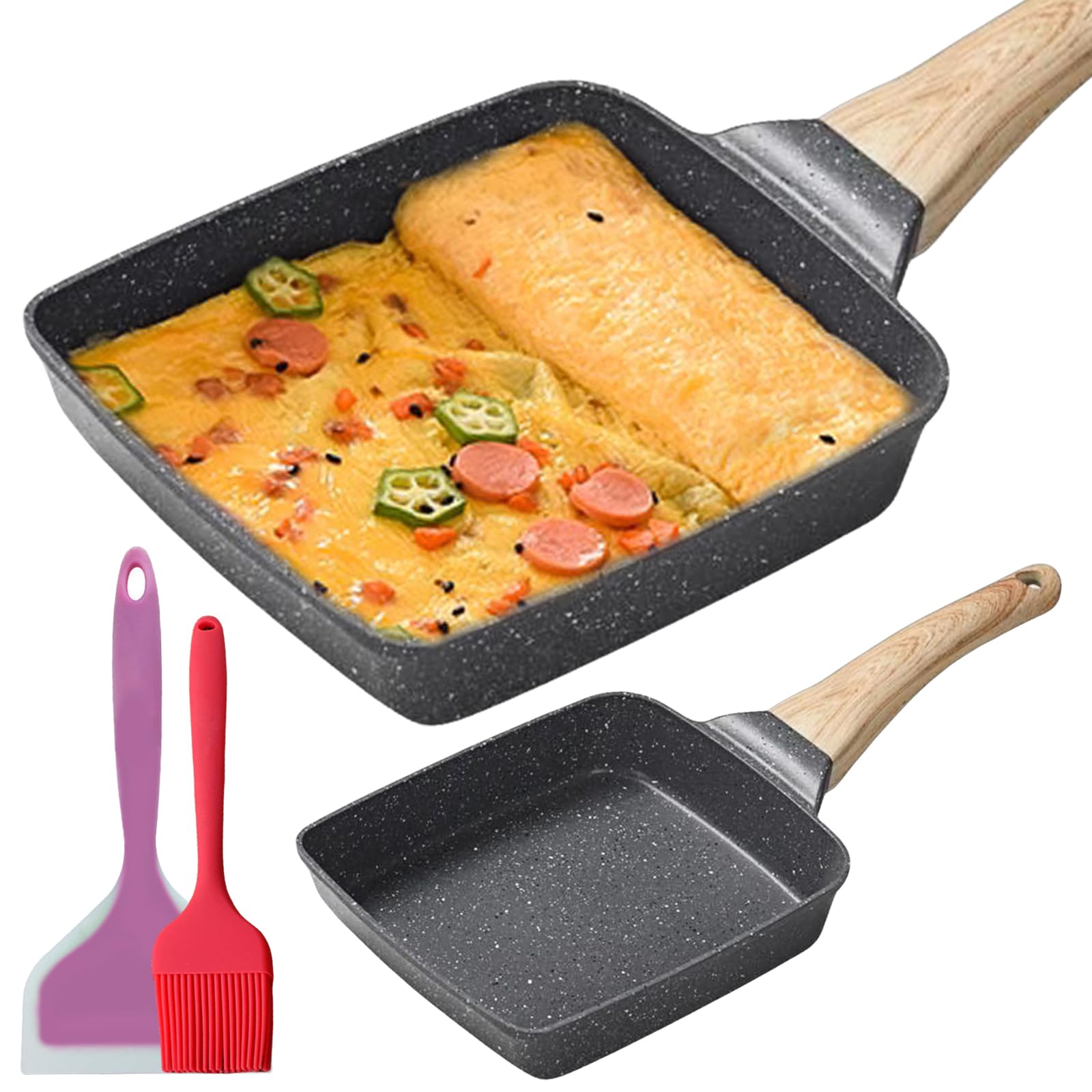 Padella per Omelette Giapponese, Padella Tamagoyaki con Spatola in Silicone e Pennello, Antiaderente Padella Rettangolare per Frittate Giapponesi, per Tutti i Tipi di Fornelli, Nero