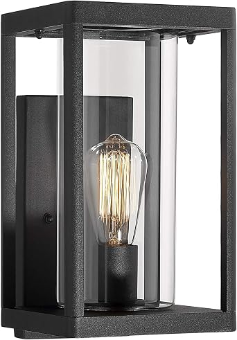 Beionxii Dusk to Dawn Outdoor Wall Sconces, Modern Exterior Porch Light Wall Mount Lantern, Black Cast Aluminum w/Clear Cylinder Glass - A291W-1PK