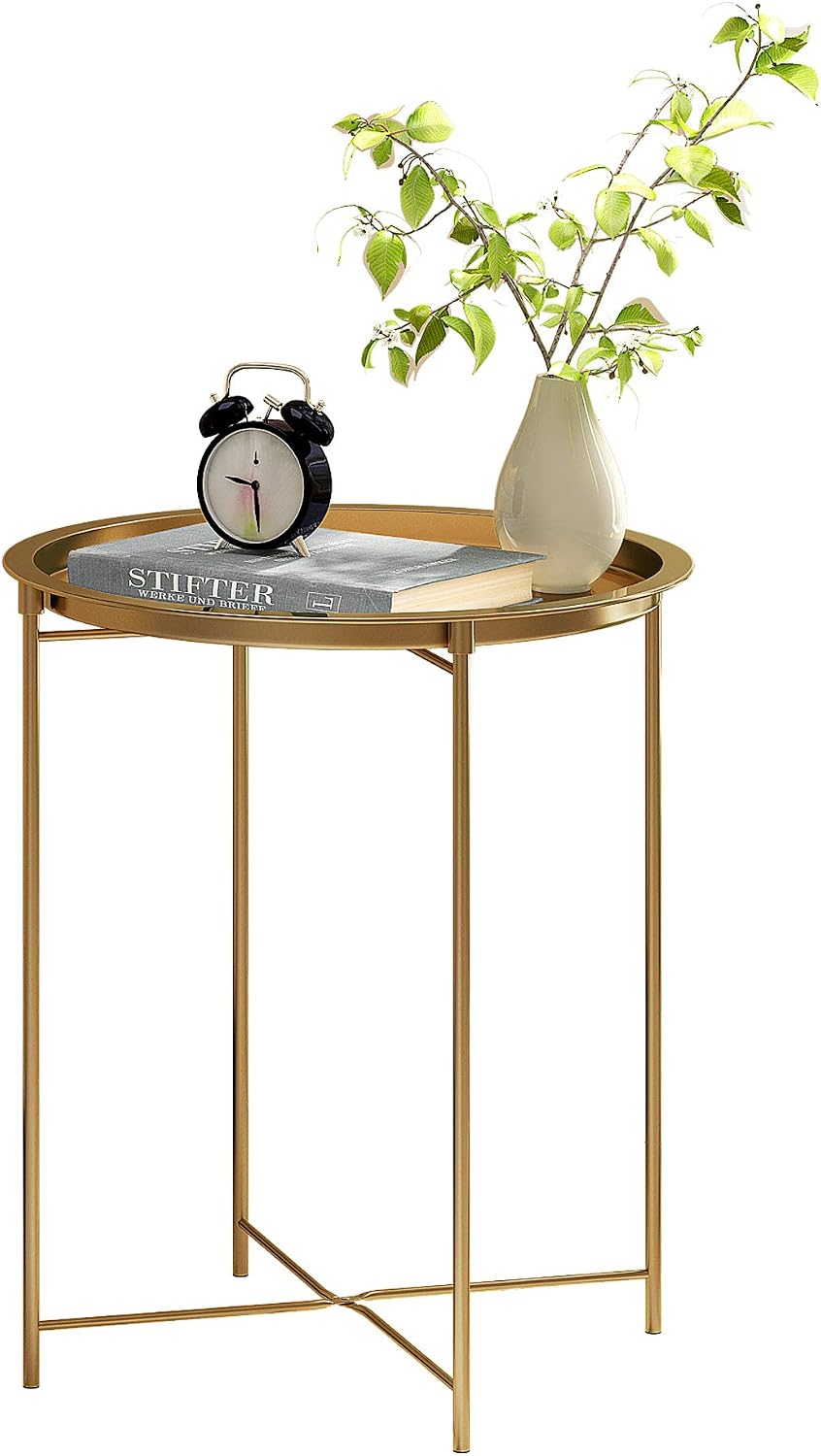 HOME BI Small Round End Table, Accent Side Table Nightstand with Removable Tray Top for Living Room Bedroom, Folding Mini Coffee Table, All Metal Frame, No Assembly Required, Gold