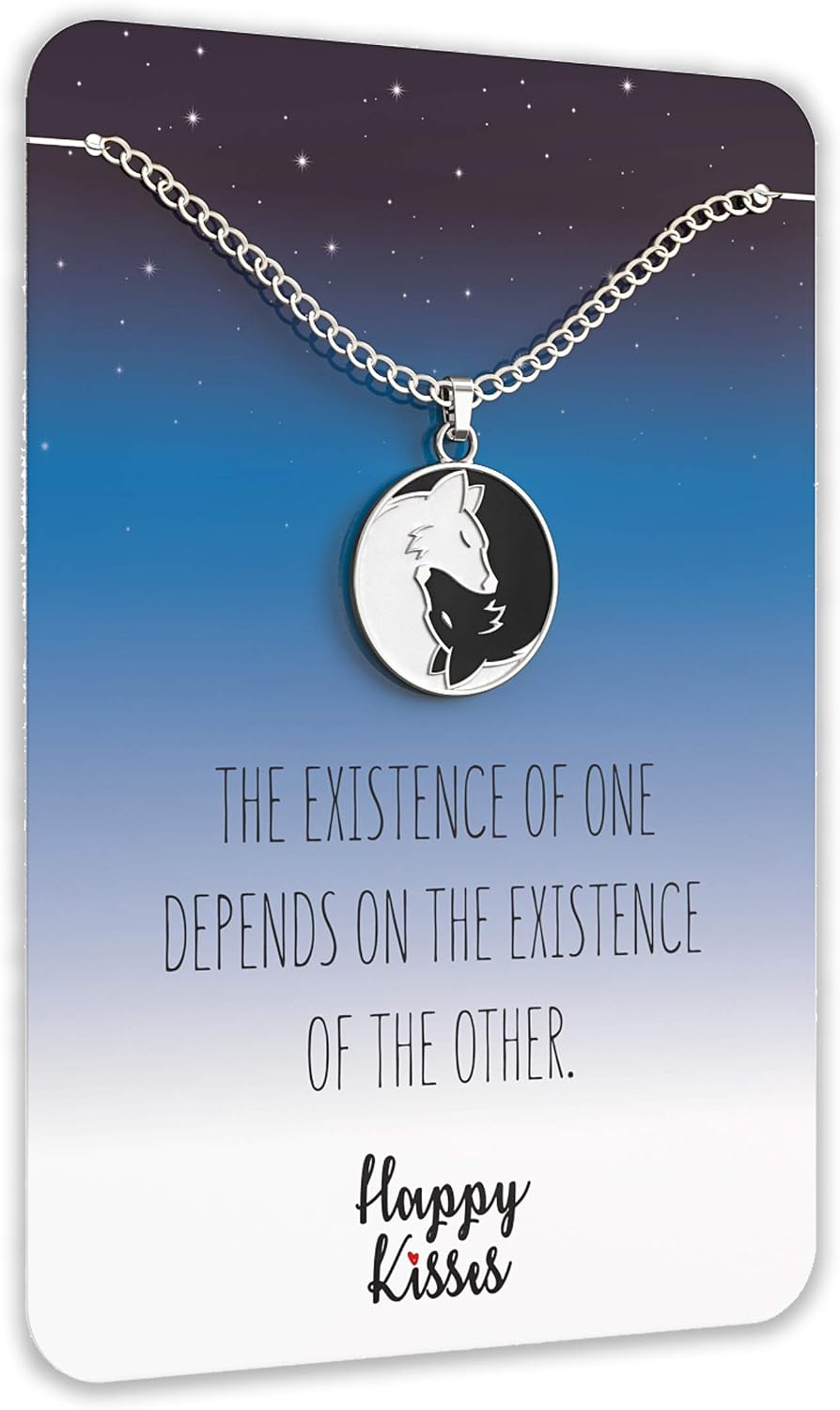 Happy Kisses Wolf Yin Yang Necklace – Friendship, Love, and Balance Pendant – Cute Silver Charm