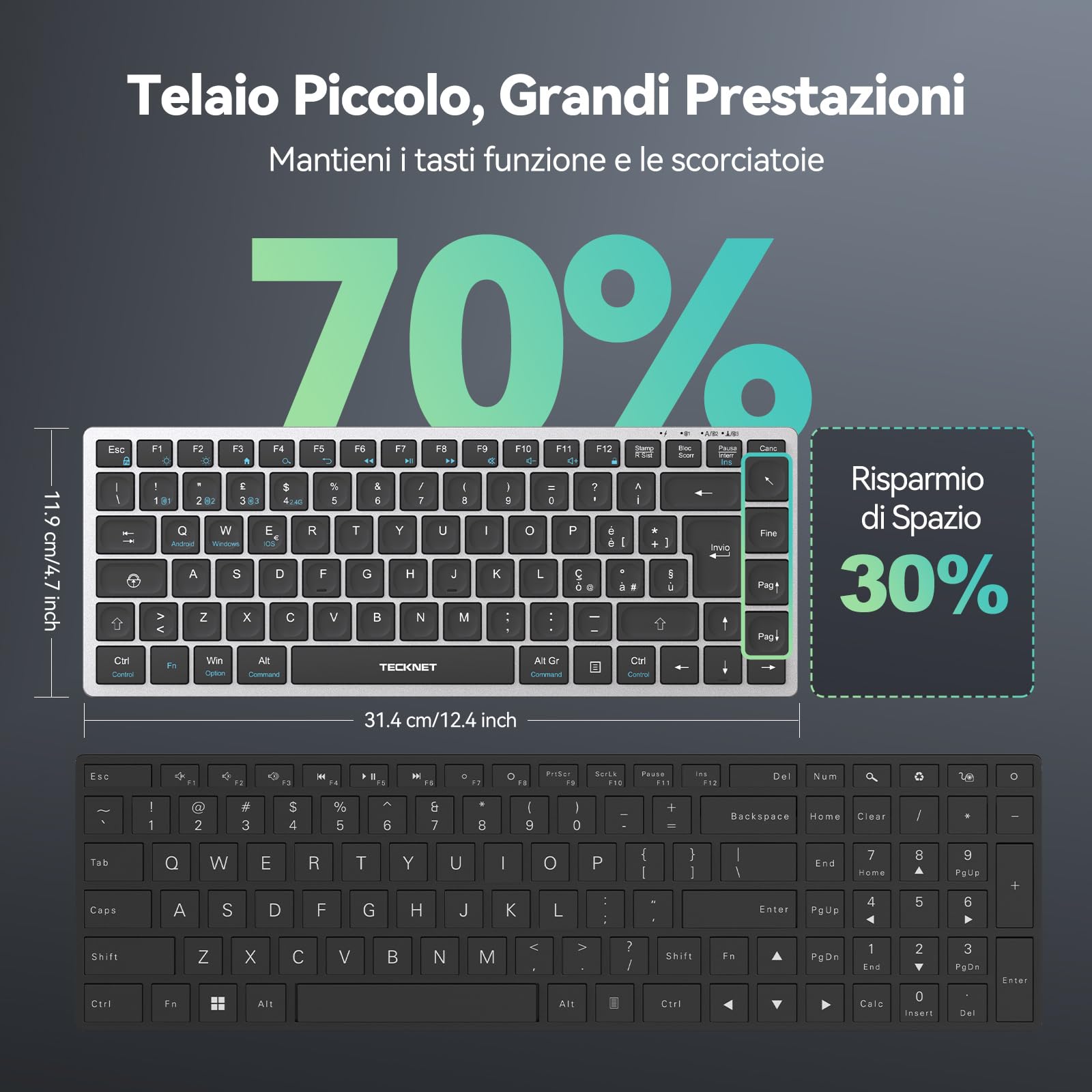 TECKNET Tastiera Bluetooth Ricaricabile, 4-Dispositivo (2.4G USB+3 BT), Mini Tastiera Wireless Italiana, Easy-Switch per Windows, MacOS, iOS, Android, Samsung Tablet, Smart TV, Italiano Layout QWERTY