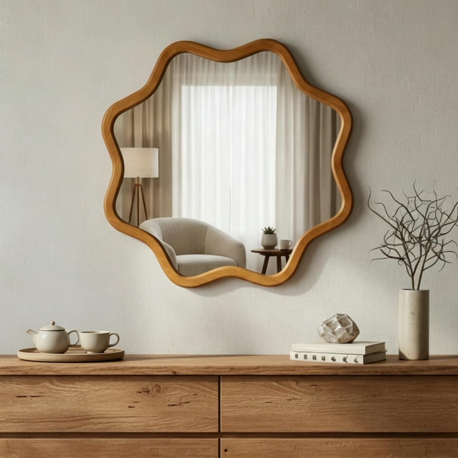 ZIYOO Star Shaped Wall Mirror, Natural Wood Grain Scalloped Edge Decorative Mirror, Boho Accent Mirror for Entryway Bathroom Living Room Bedroom (Wood,28")