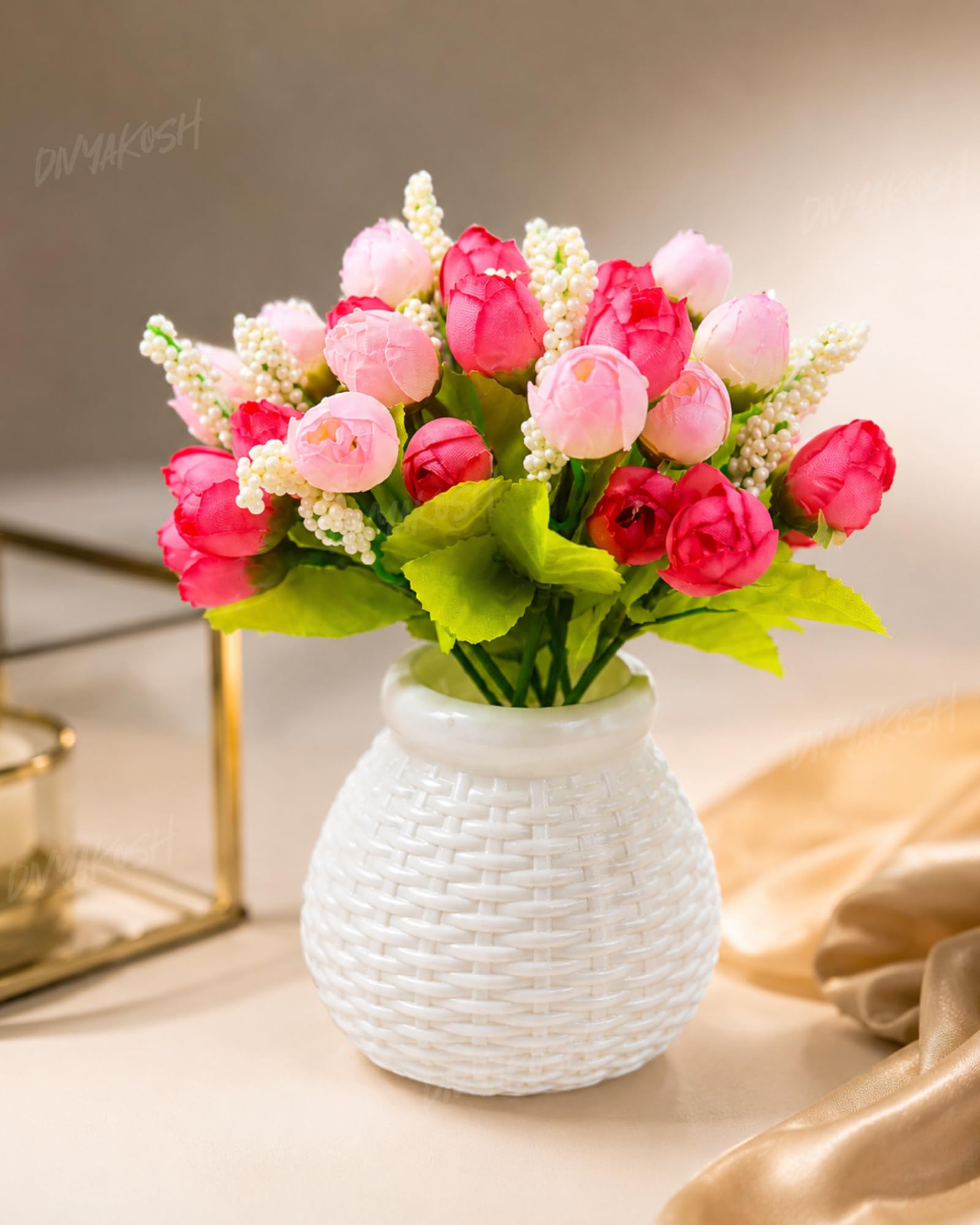 Divyakosh Artificial Flower Peony Bunch with Plastic Vase for Home Decor, Small Pink Peonies Flower Arrangement with Vase, Flower Vase, Home Decoration Items for Living Room, Aesthetic Home Decor