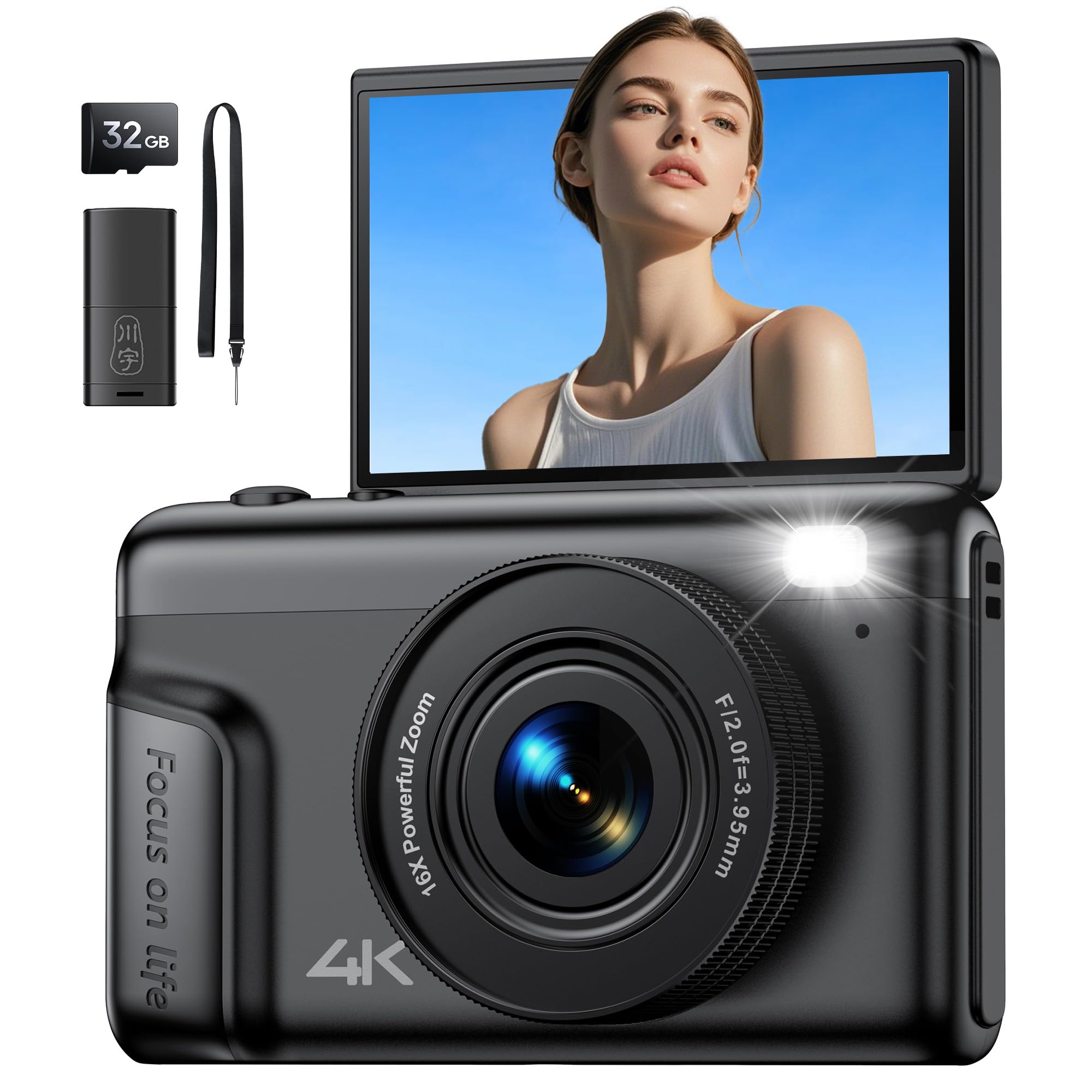 Camara de Fotos Digital 4K Compacta: 64MP Cámara Digital con Pantalla Abatible Flip180° De 3" Vlogging Camaras Fotográfica con 16X Zoom 32GB Tarjeta para Niños Principiantes Adultos Estudiantes Negro
