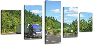 5 Piece Large Wall Art Prints Paintings Big rig bonner blue semi truck semi trailer transporting cargo Canvas Wall Art Living Room office Modern Home Wall Decor Framed Artwork Ready to Hang