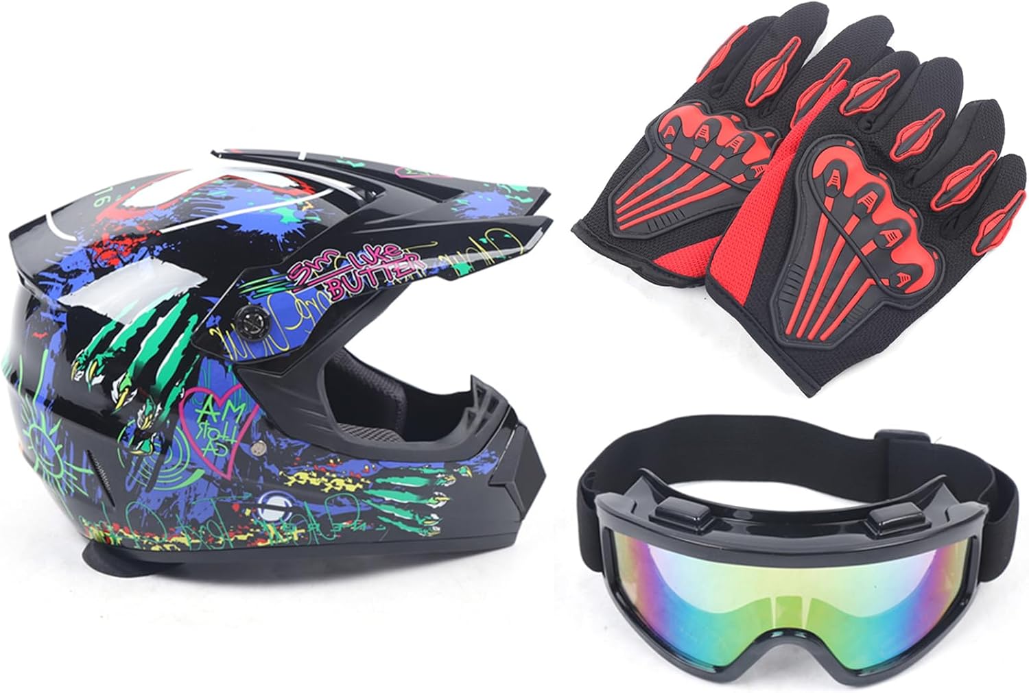 DOT Motorcycle Adult Helmet w/Goggles+Gloves Motocross MX ATV Dirt Bike Off-Road