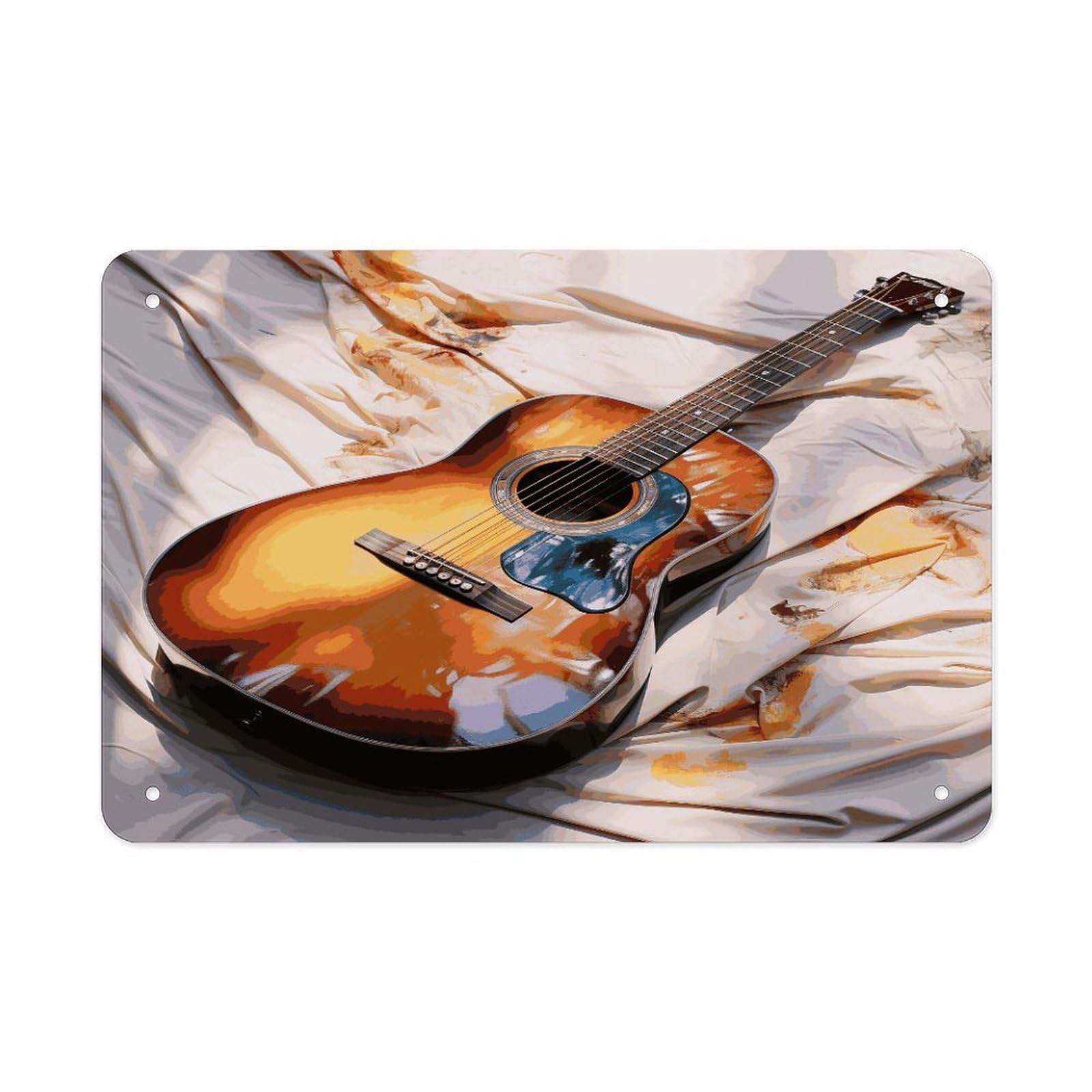 LDGSUPH Watercolor Acoustic Guitar Metal Tin Sign Wall Art Prints Folded Edge Iron Sheet Painting with Holes for Wall Prints Decorative Picture Metal Signboard Decor Painting Wall Decor