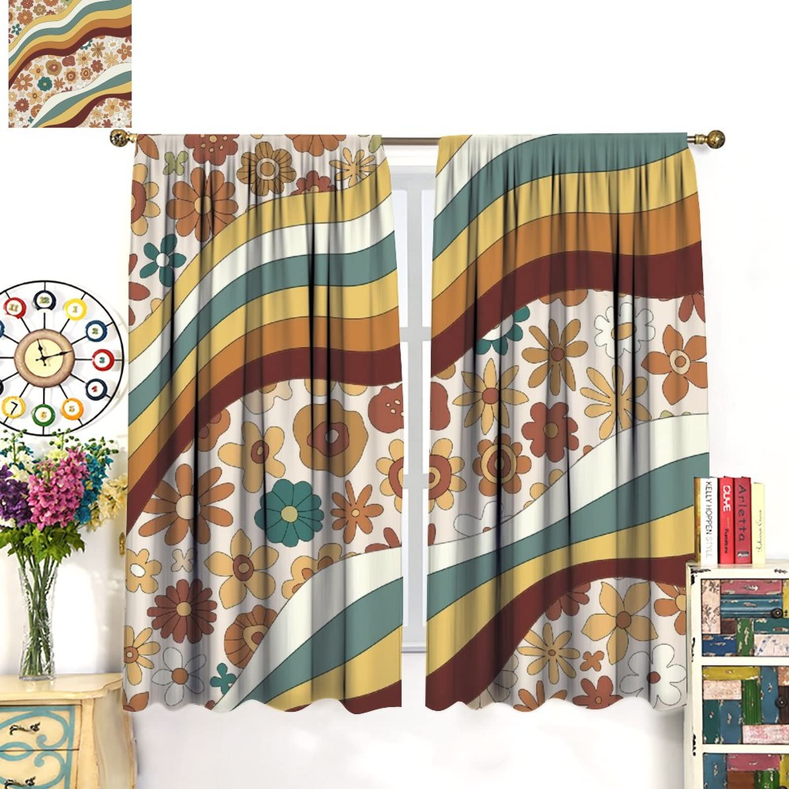 Cortina opaca floral retro Bobo, estilo abstracto de los años 70 y 80, diseño de flores de arco iris, para sala de estar, dormitorio, decoración del hogar, 63 x 63 pulgadas