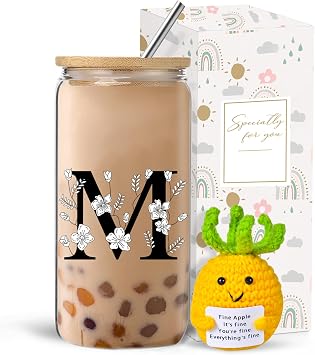 Monogrammed Initial Glass Cup with Lids and Straws gift for Women