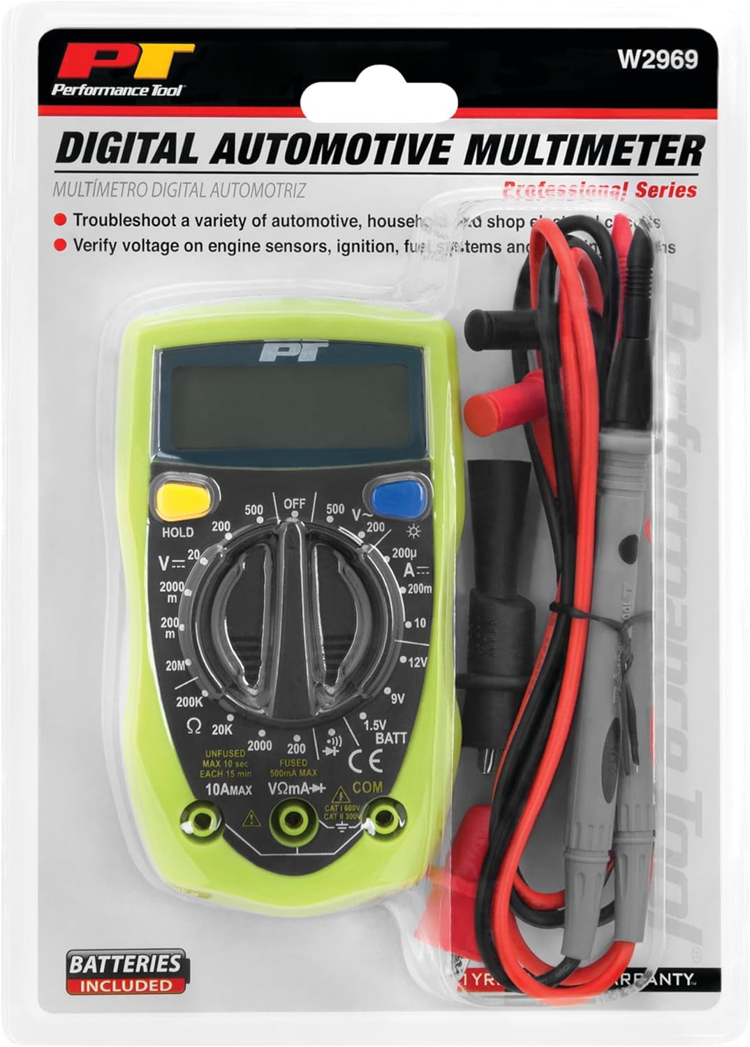 Performance Tool W2969 Compact Digital Multimeters , Electronic Amp Volt Ohm Voltage Meter/Multimeter with Diode and Continuity Tester, Backlight LCD Display (Green)
