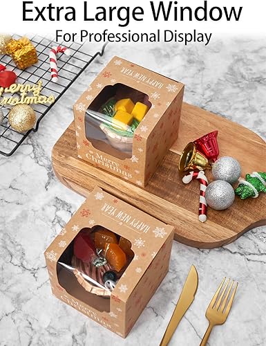 Miniatura 4 de Cajas para cupcakes de Navidad, 50 unidades, caja individual de papel kraft marrón con árboles de Navidad y ventana para vacaciones, mini cajas de