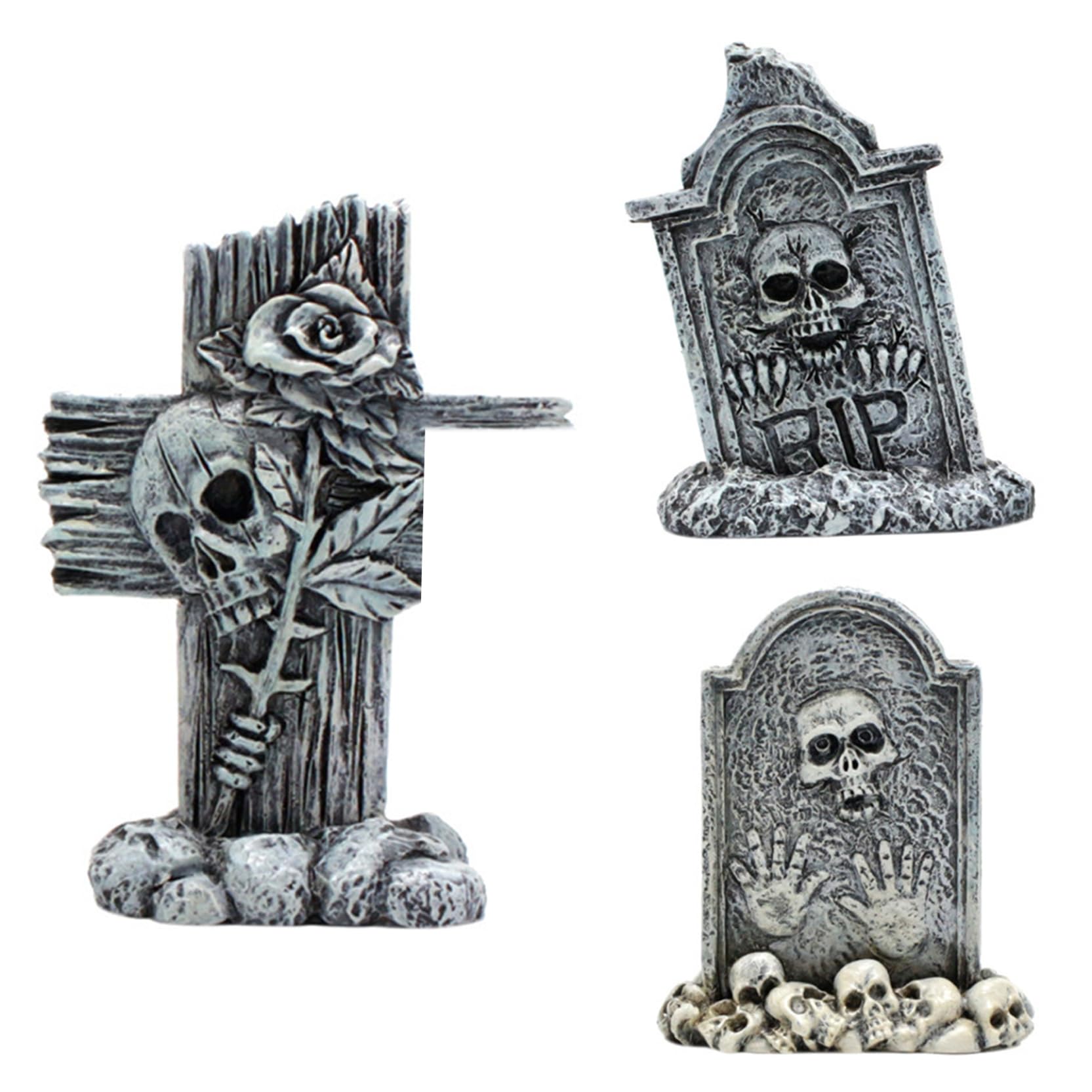 Ameble Halloween Miniatures 3Pcs Weather Resistant Resin Mini Tombstones Figurine Arched Cross ＆ RIP Gravestones Mini Halloween Ornaments for Haunted House Party Decor