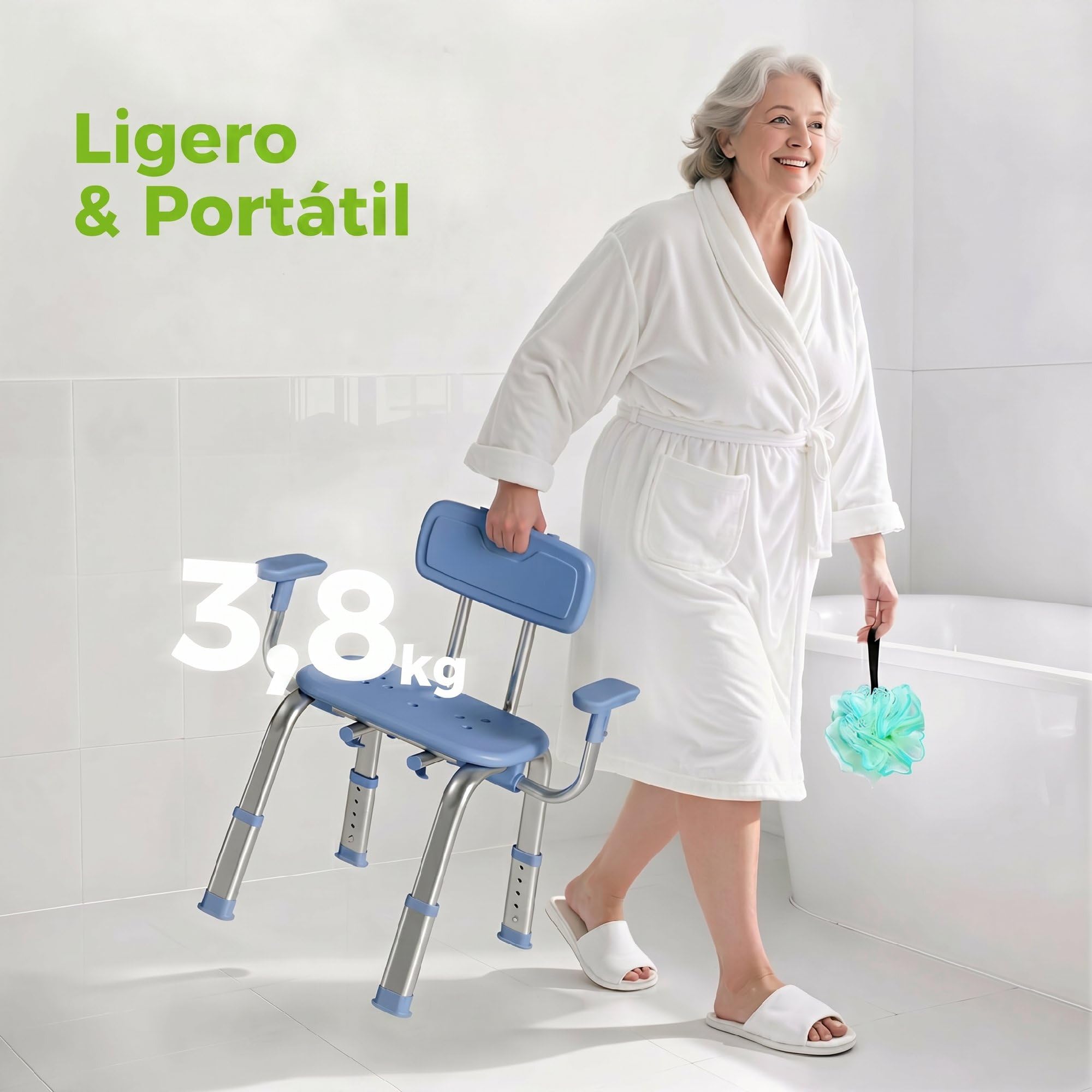 HOMCOM Silla Ducha Personas Mayores con Reposabrazos Ajustable 150 kg | Taburete de Baño Antideslizante con Respaldo, Altura Ajustable, Ancianos, Discapacitados, Minusválidos