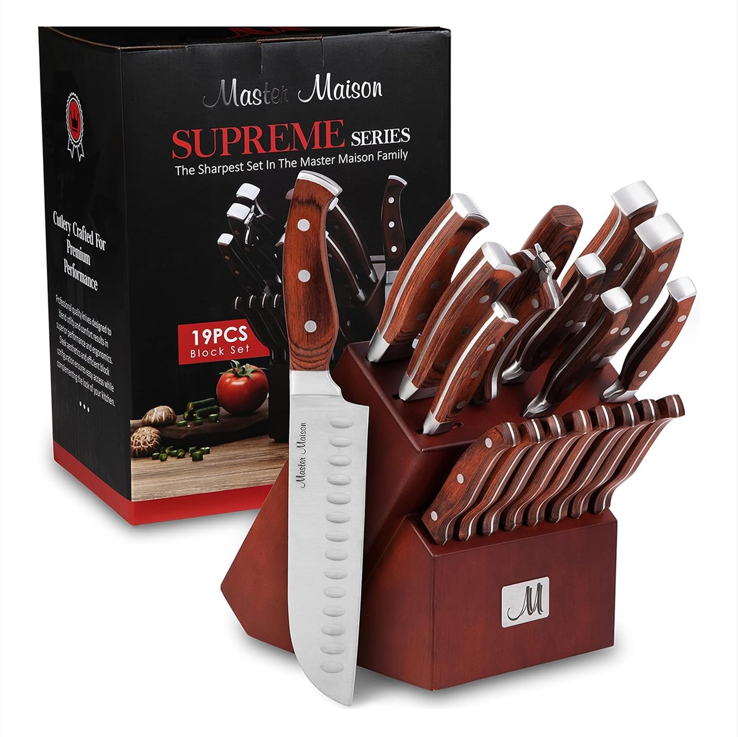 19-Piece Kitchen Knife Sets With Block - Best German Forged Stainless Steel Knife Sets for Kitchen with Wooden Block, Professional Use, Paring, Chef, Carving & 8 Steak Knives, Knife Sharpener & Shears