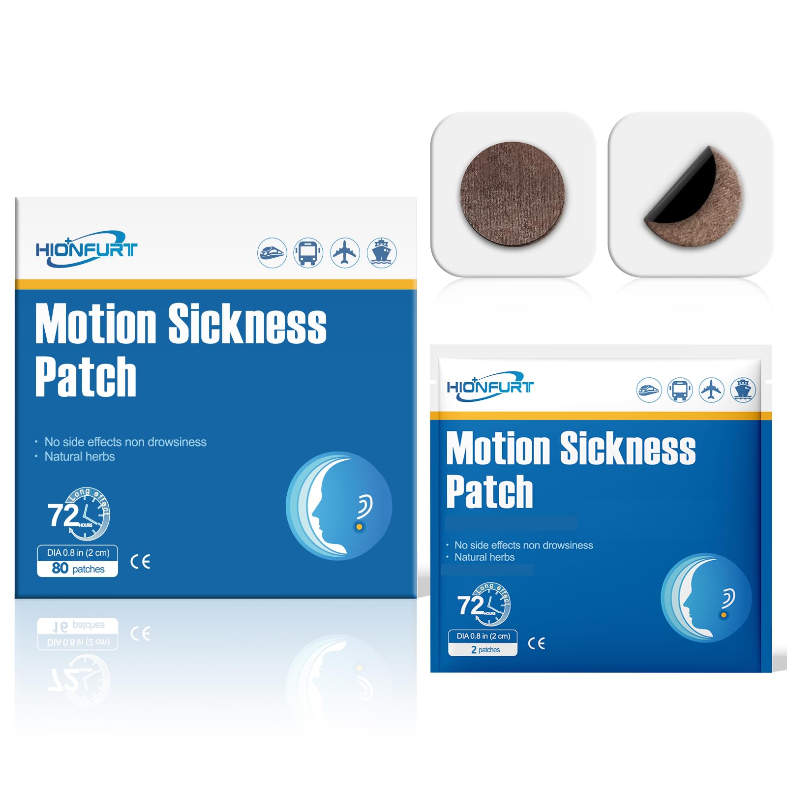 Hionfurt HMSDR2 Motion Sickness Patches - 80 Count for Fast Nausea Relief in Car, Sea, Air Travel - Travel Sickness Patches Non-Drowsy, Effective, Lasts 72 Hours