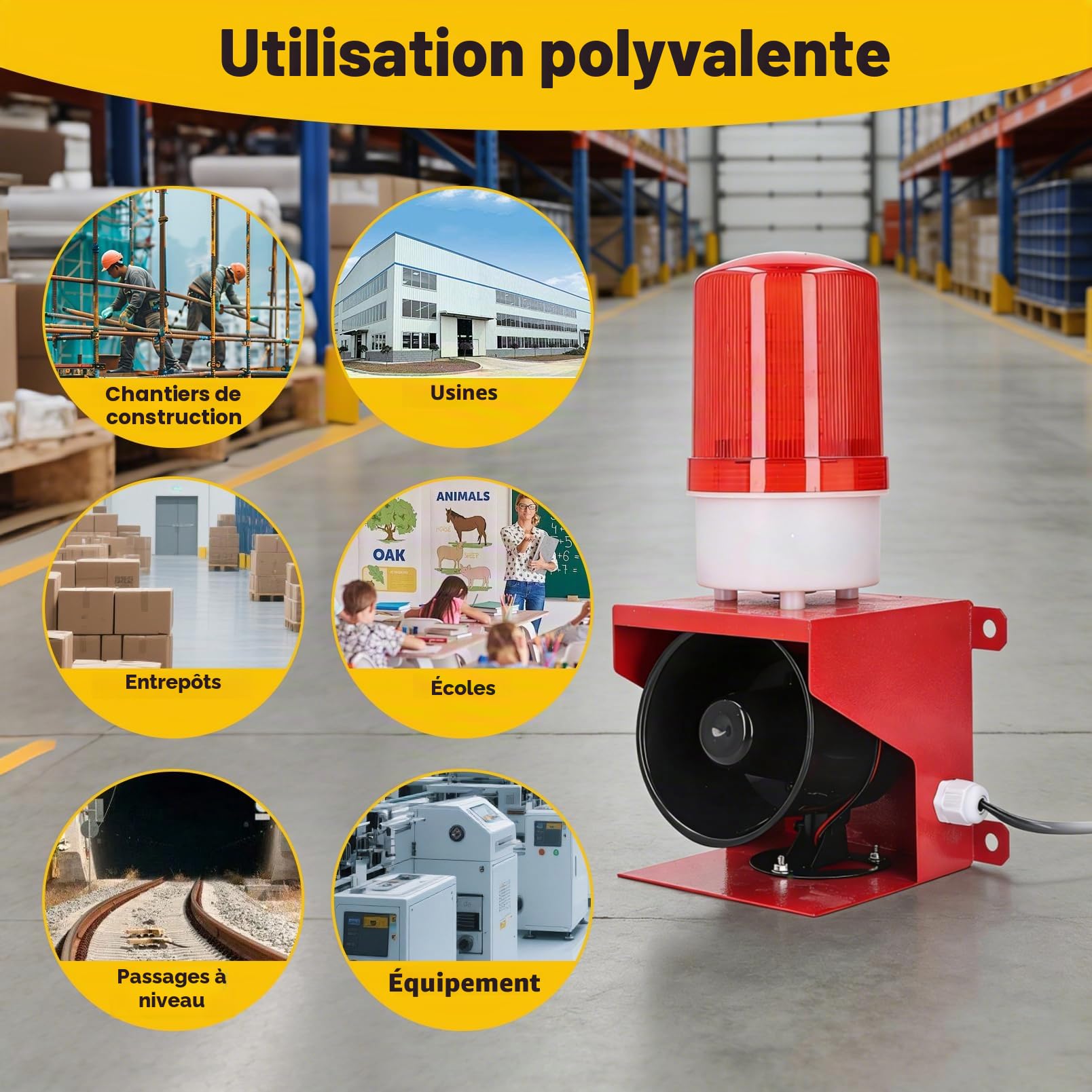 Sirène Industrielle 115 DB avec Flash LED | Volume Réglable, IP65 Étanche, Alarme Sonore et Lumineuse AC 220V, Avertisseur de Sécurité, Lumière d’Alerte LED, Prise UE