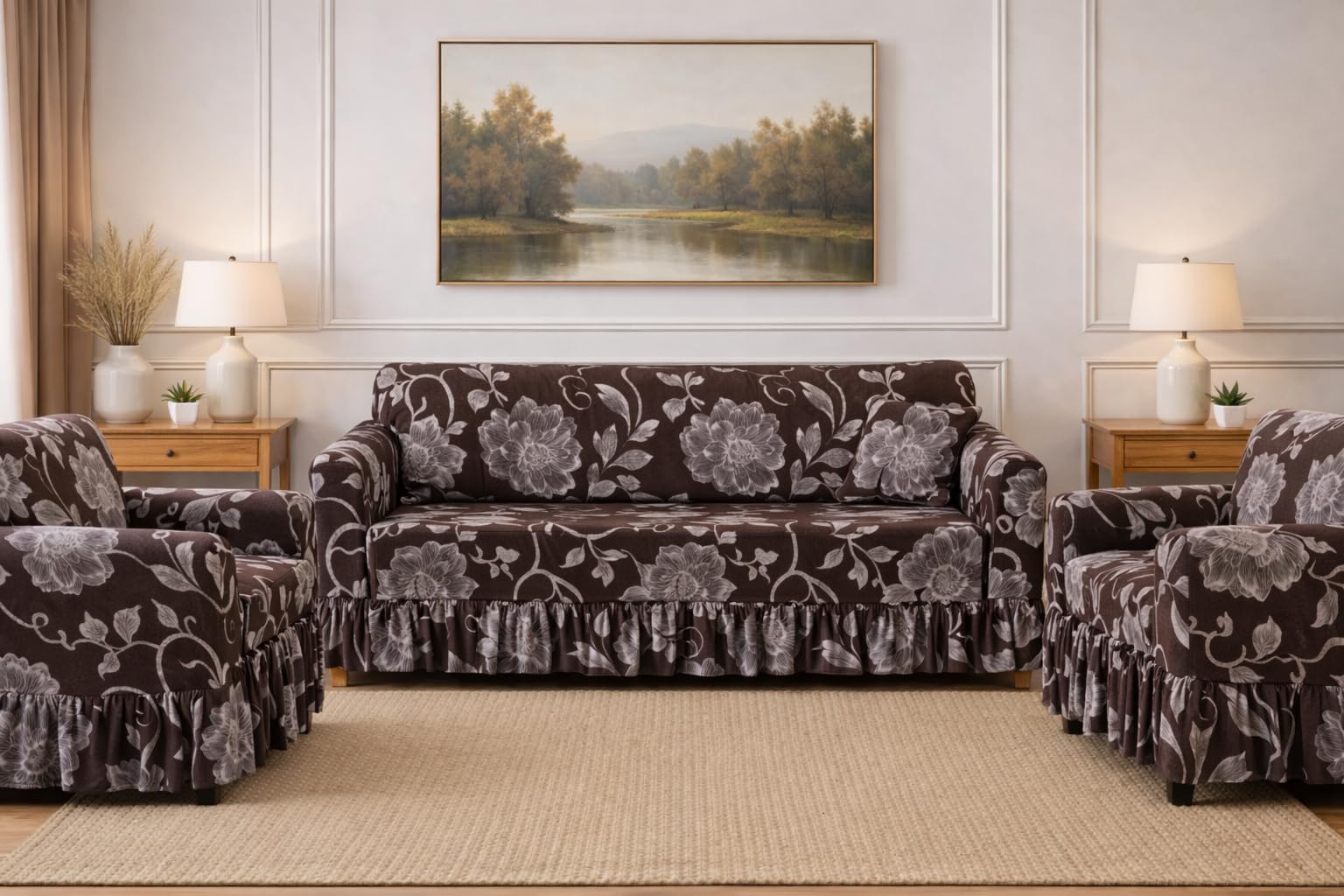 Universal Stretchable 5 Seater Sofa Cover Set (3+1+1) with Elegant Skirt Design, Soft Durable Fabric, Modern Printed Elastic Slipcover, Anti-Slip Furniture Protector (Floral Brown, 5 Seater)-image-47