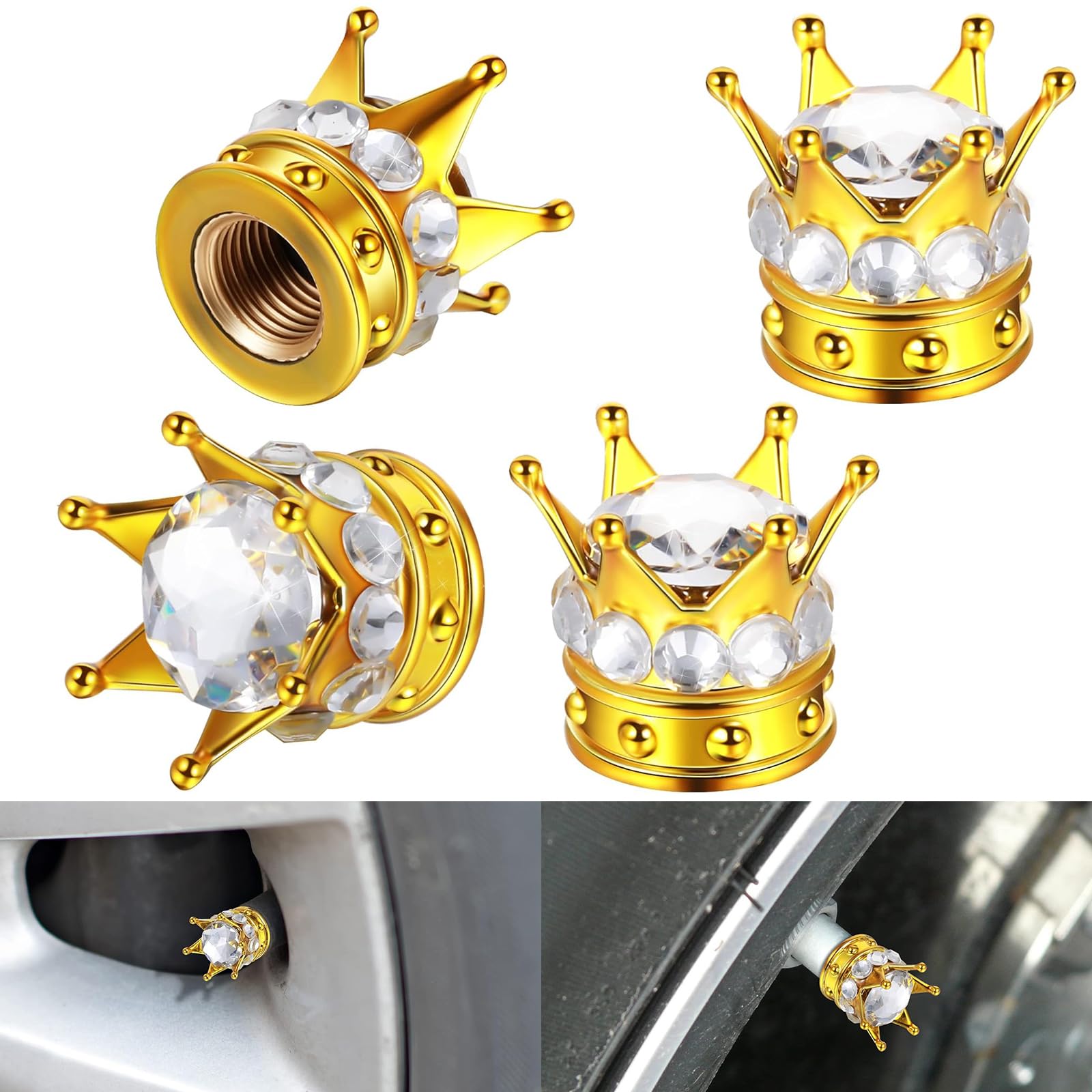 Zurligi 4 PCS Bling Crown Tire Valve Stem Caps, Handmade Crystal Rhinestone Chrome Covers with O Rubber Ring for Universal Cars, SUVs, Trucks, Bikes, Motorcycles, and Bicycles (Gold)