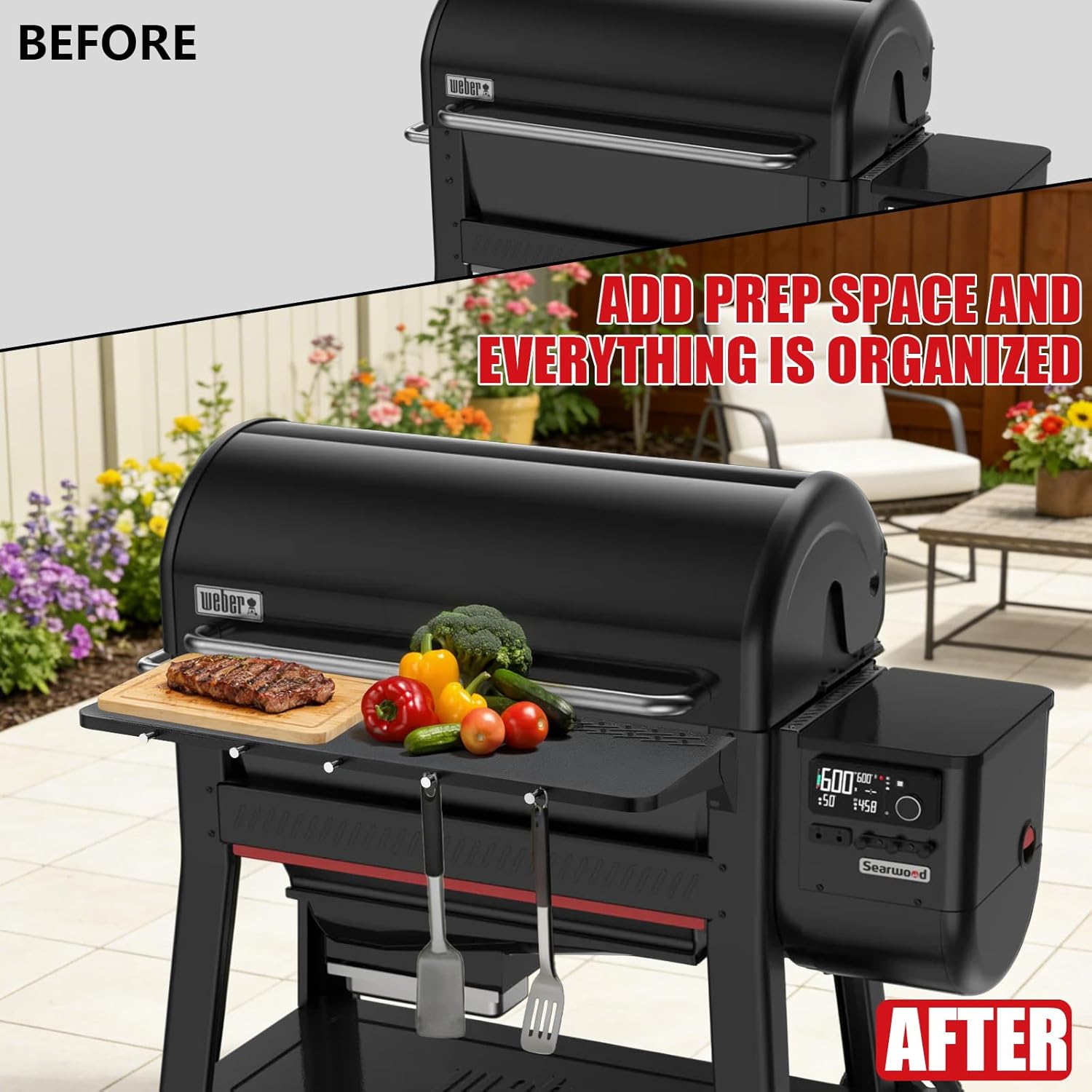 DELSbbq Folding Front Shelf and Adjustable Grill Warming Rack for Weber Searwood 600 XL Pellet Grills, Heavy-Duty Steel Table, Foldable Prep & Storage Station for Weber Searwood 600 XL Accessories