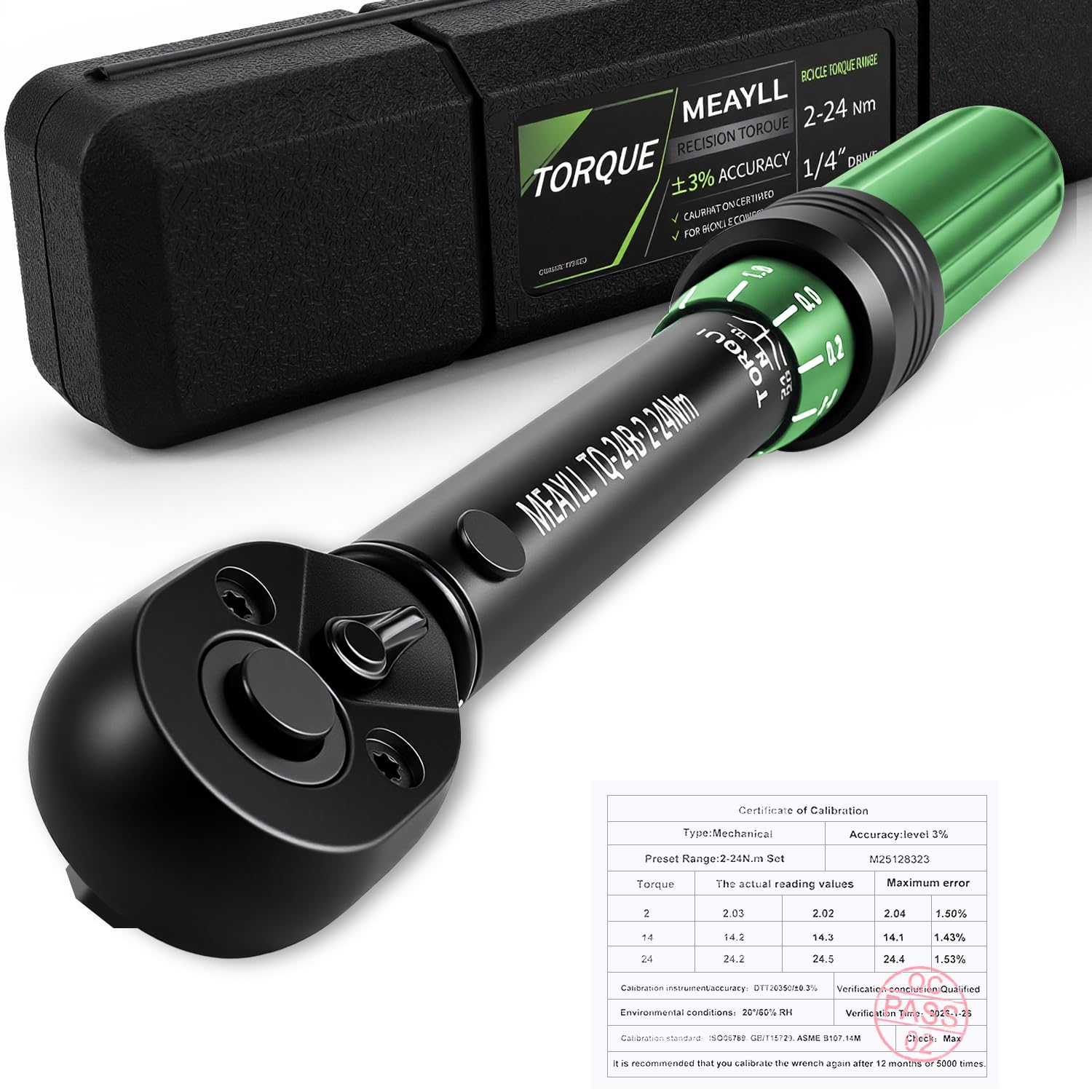 Meayll Drehmomentschlüssel Fahrrad 2–24 Nm, 1/4 Zoll Drehmomentschlüssel klein mit ±3% Genauigkeit, 72 Zähne Wende-Ratschenkopf, Mini Torque Wrench für MTB, E-Bike & Zündkerzen-Wartung, 1 Stück