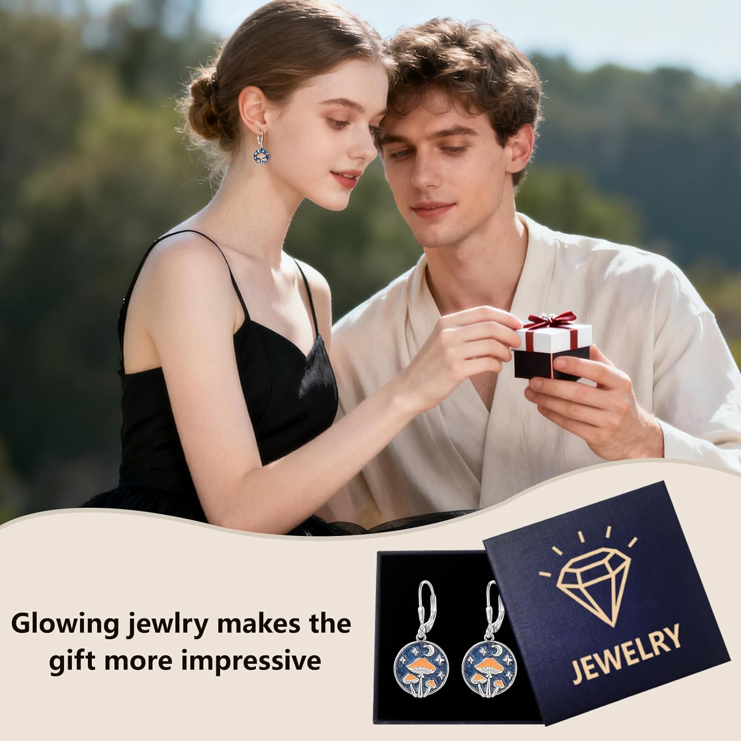 Mushroom Earrings Sterling Silver Celestial Moon and Star Dangles Orange Mushroom Jewelry Christmas Gifts for Women - Image 6